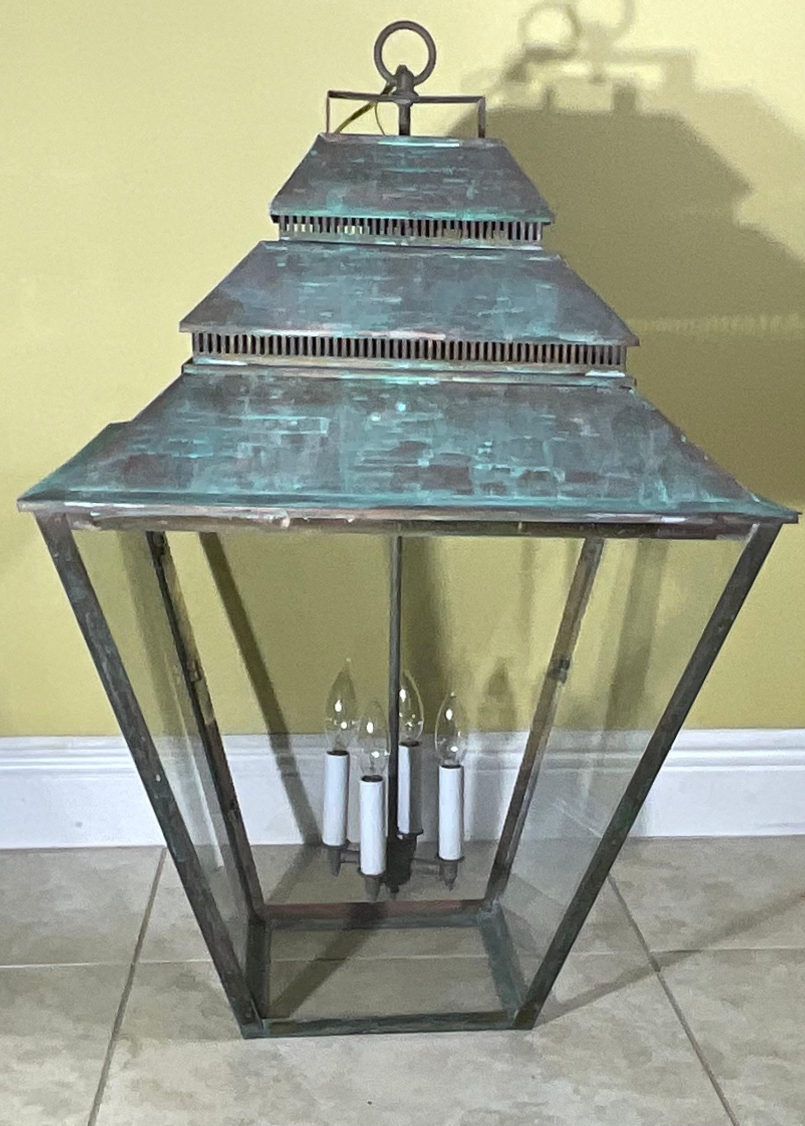 Hand-Crafted Large Brass Hanging Lantern - Grand Scale  22”x 22”x 34” For Sale