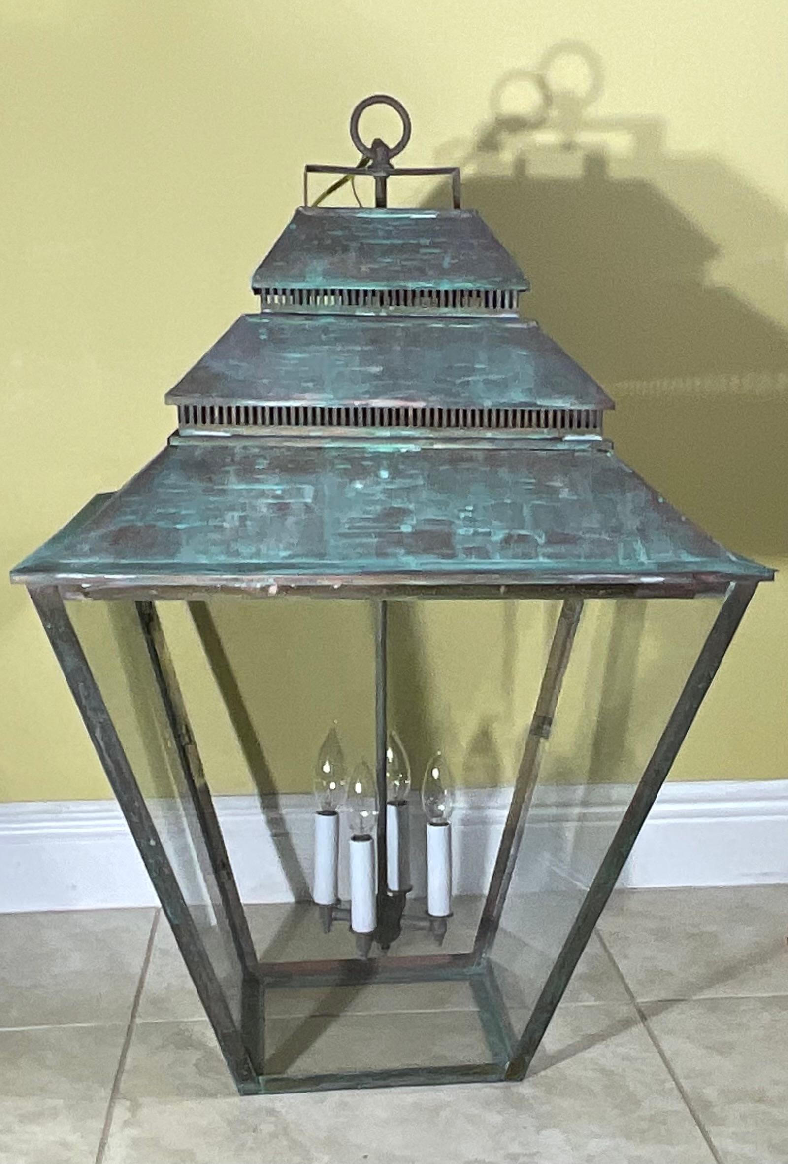 Large Brass Hanging Lantern - Grand Scale  22”x 22”x 34” In Good Condition For Sale In Delray Beach, FL