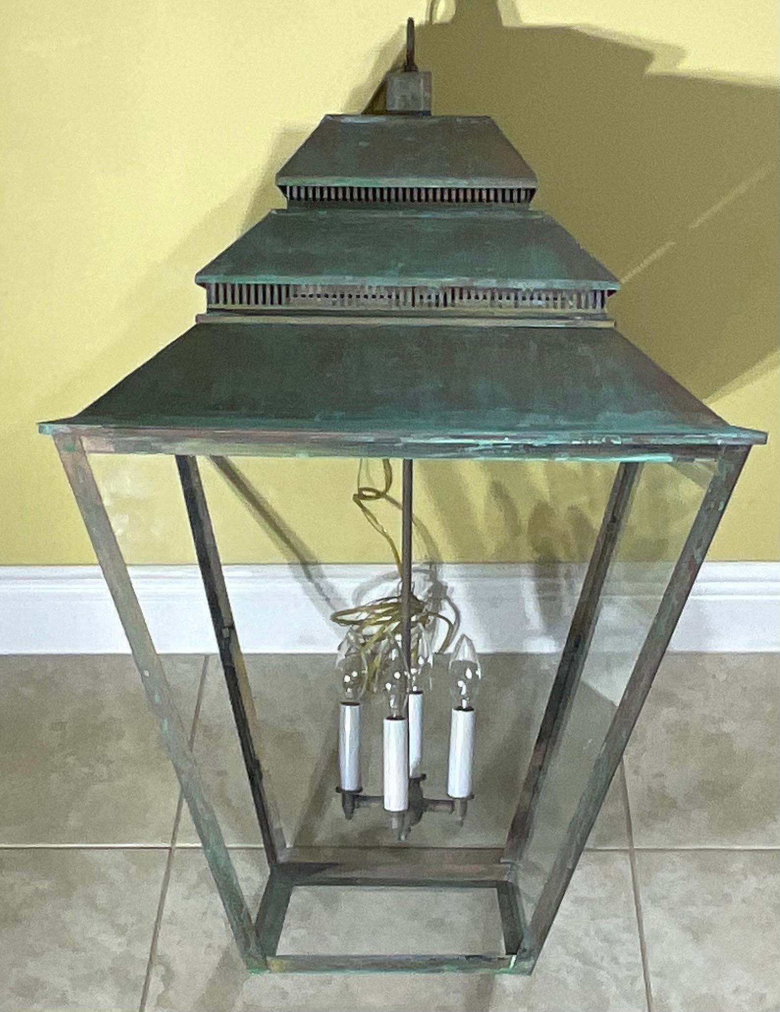 Large Brass Hanging Lantern - Grand Scale  22”x 22”x 34” For Sale 2