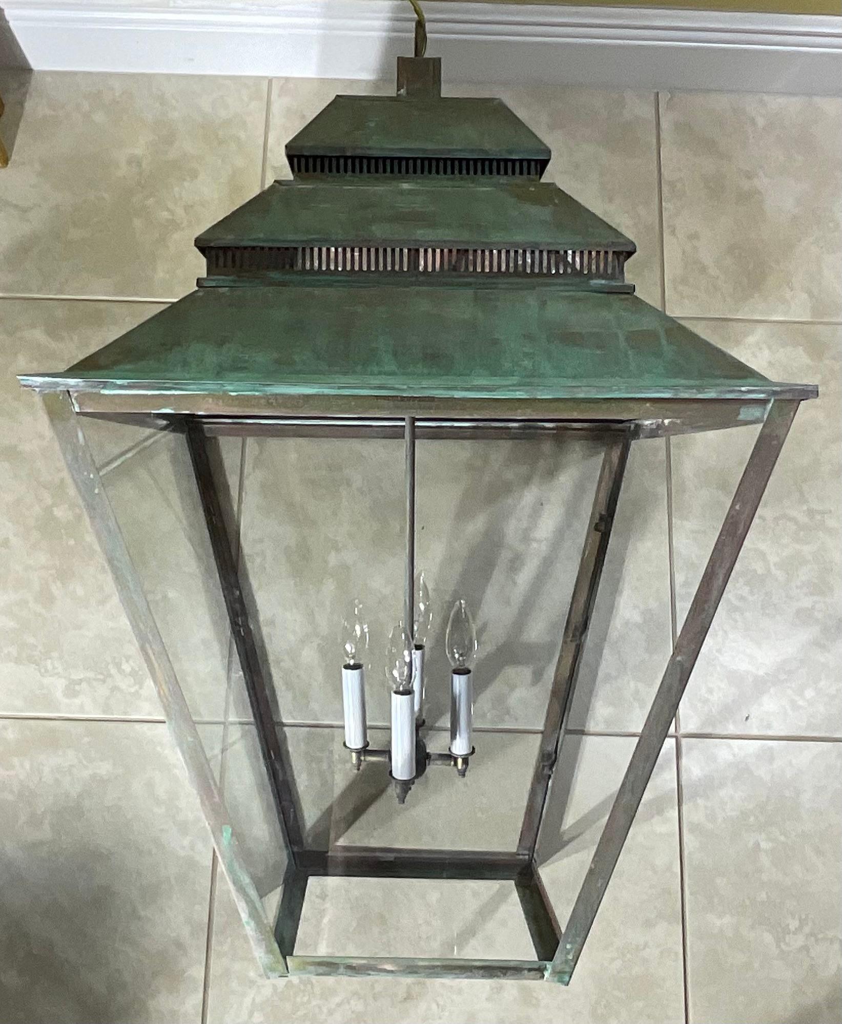Large Brass Hanging Lantern - Grand Scale  22”x 22”x 34” For Sale 3