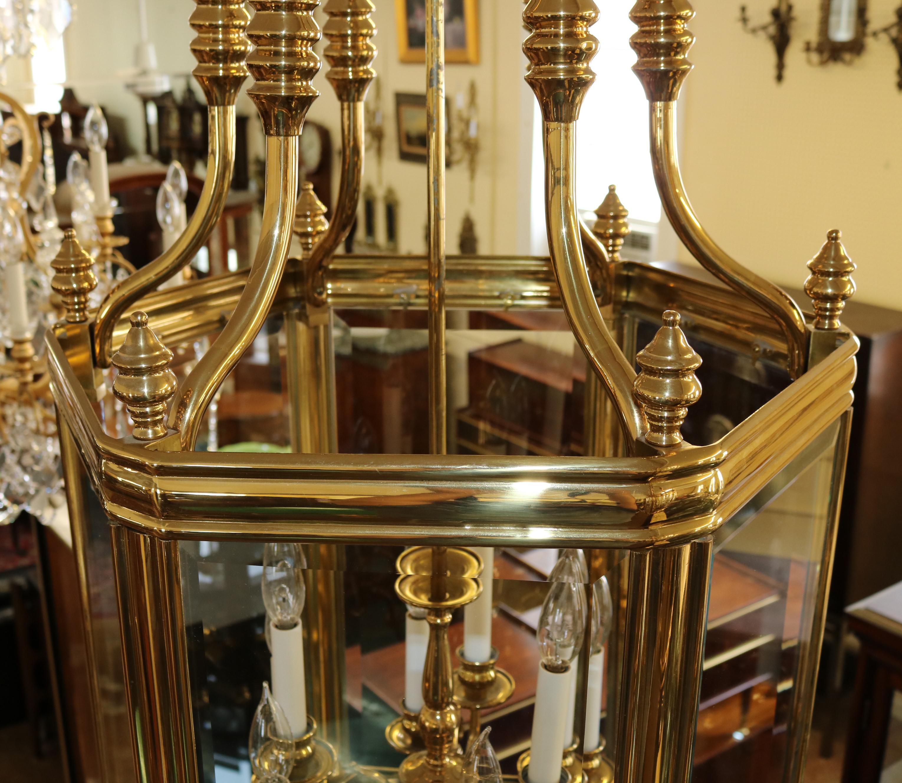 Large Brass Hexagon Shape Lantern Chandelier 9 Light Beveled Glass For Sale 4