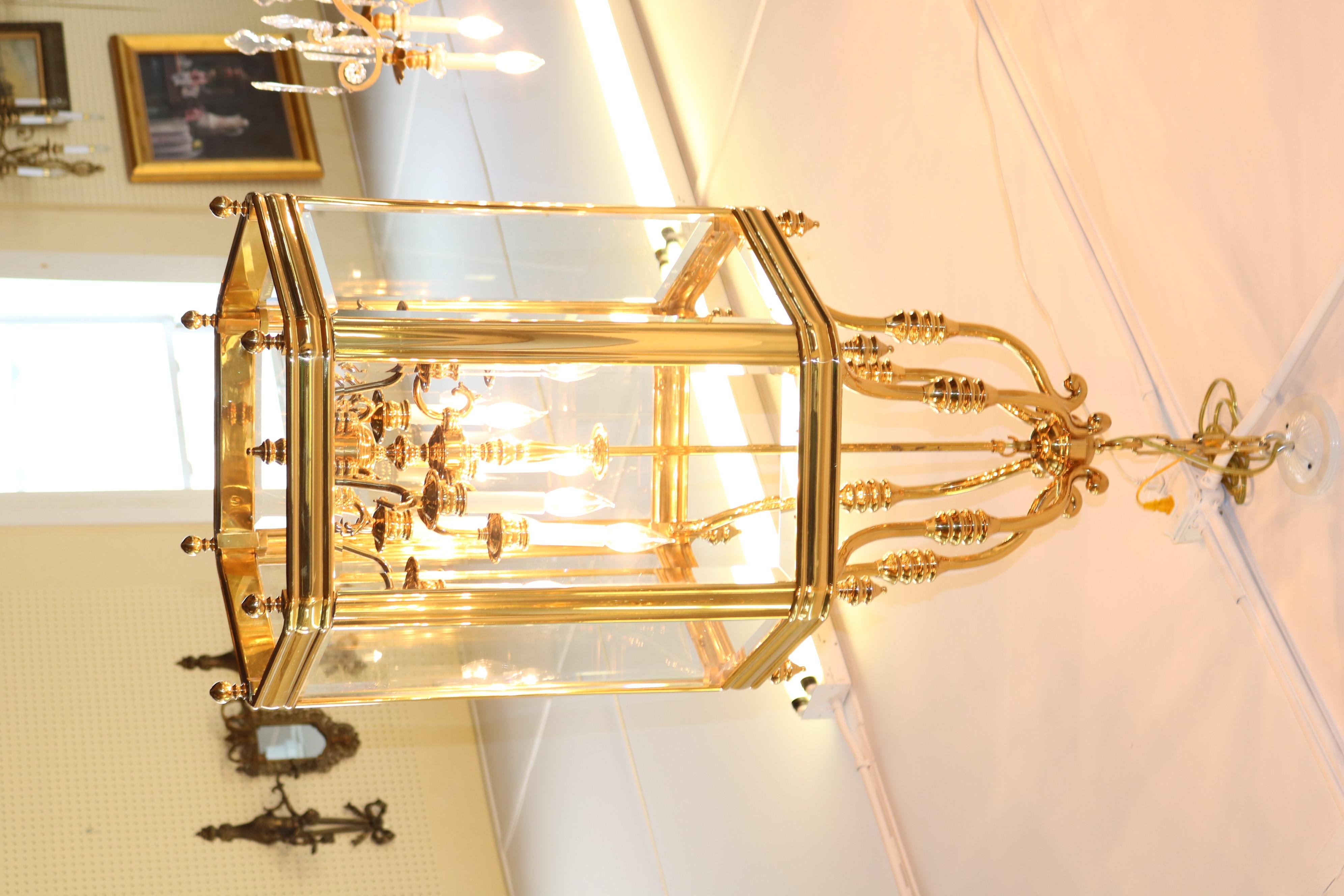 Large Brass Hexagon Shape Lantern Chandelier 9 Light Beveled Glass 8