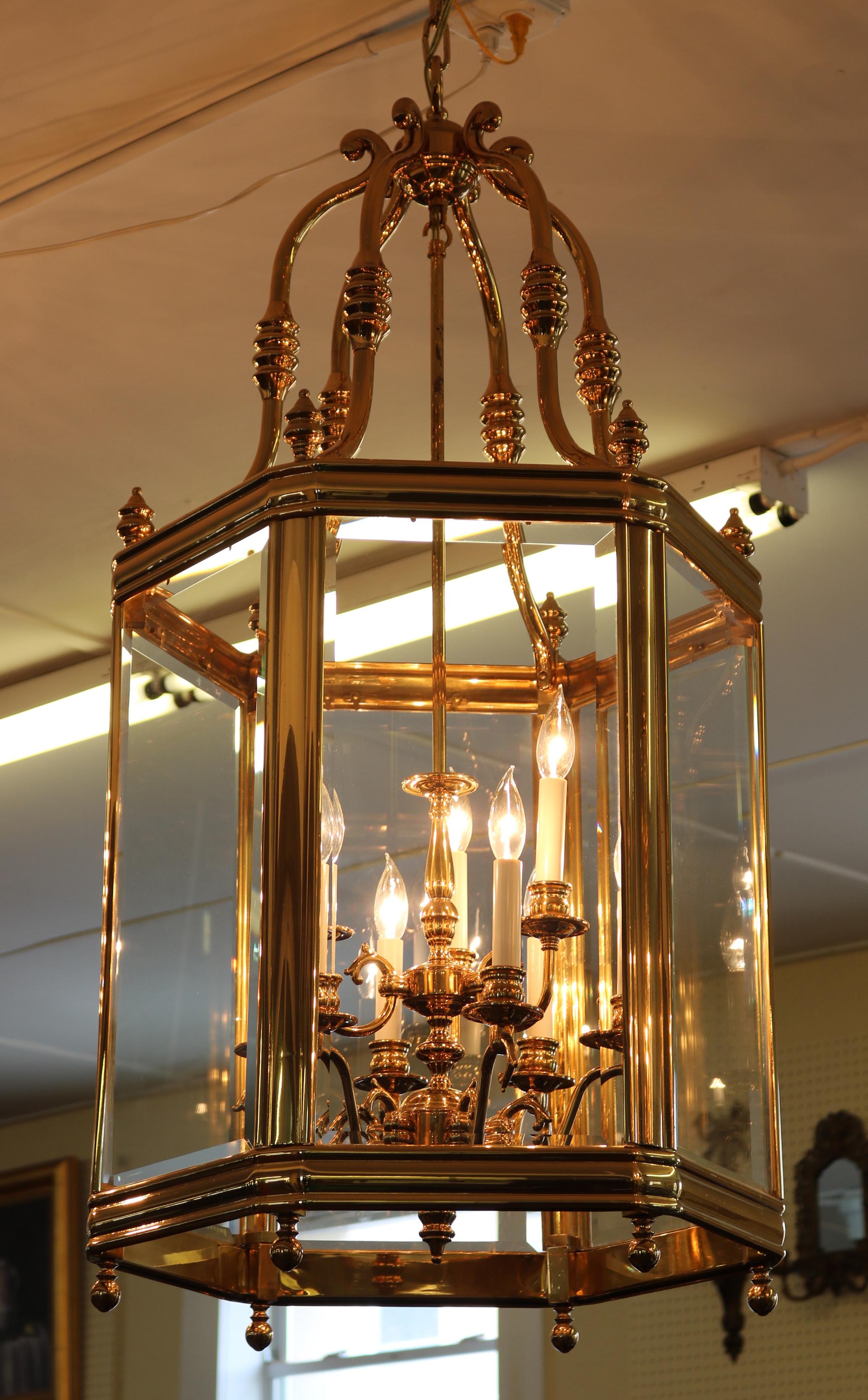 Large Brass Hexagon Shape Lantern Chandelier 9 Light Beveled Glass 9