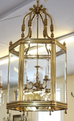 Large Brass Hexagon Shape Lantern Chandelier 9 Light Beveled Glass