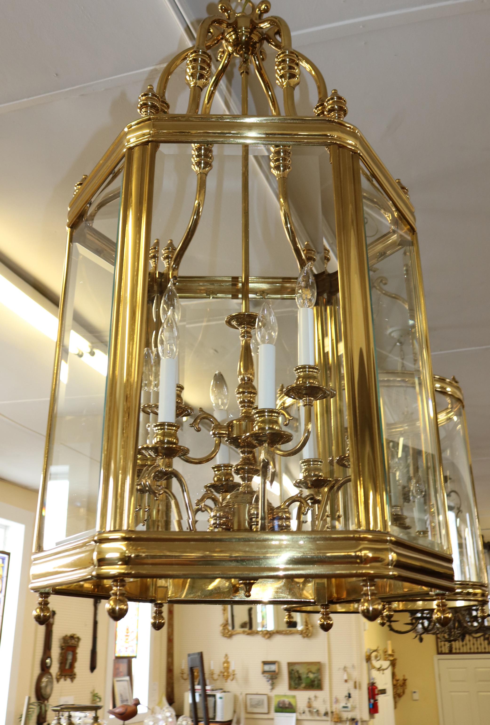 American Large Brass Hexagon Shape Lantern Chandelier 9 Light Beveled Glass For Sale