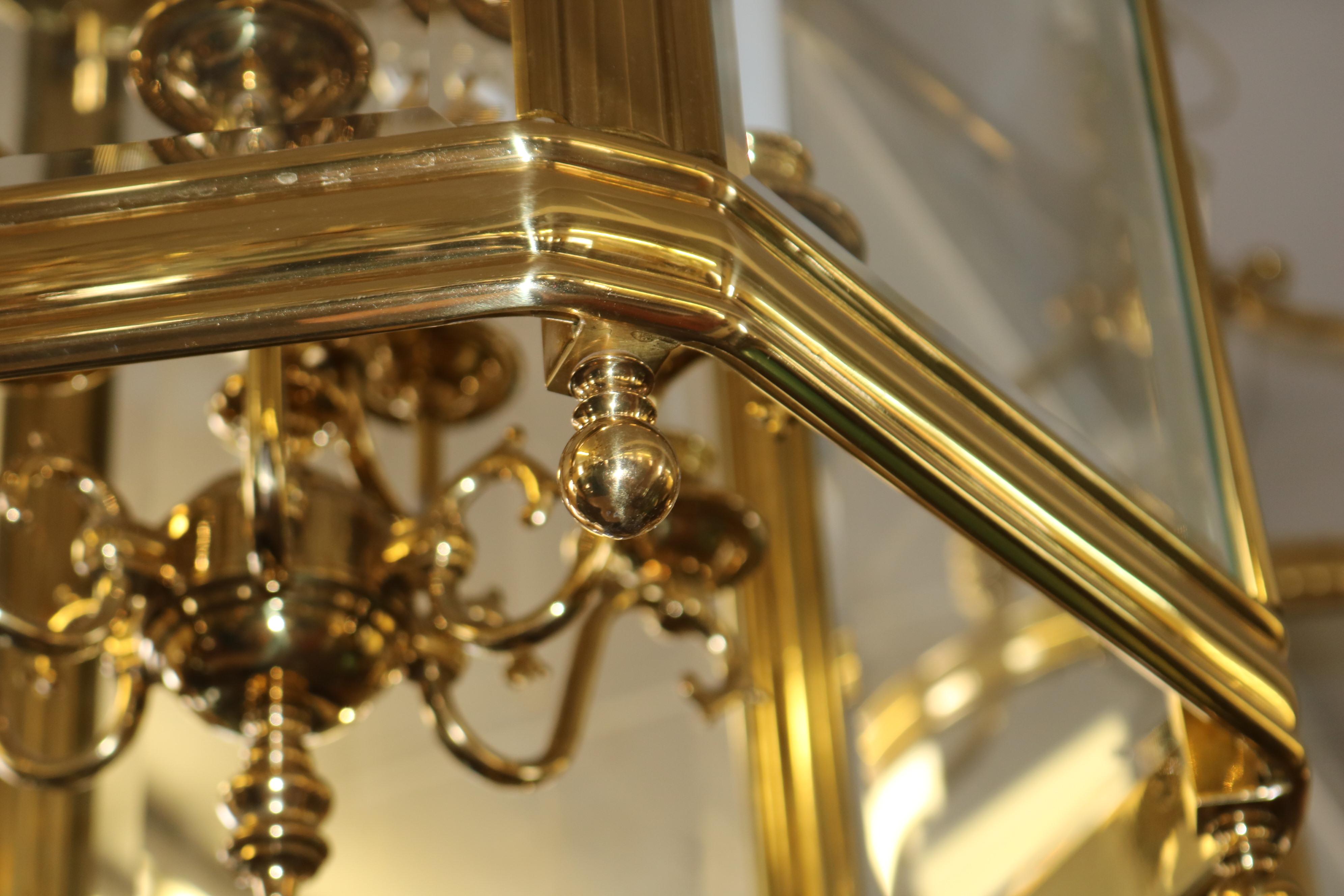 20th Century Large Brass Hexagon Shape Lantern Chandelier 9 Light Beveled Glass