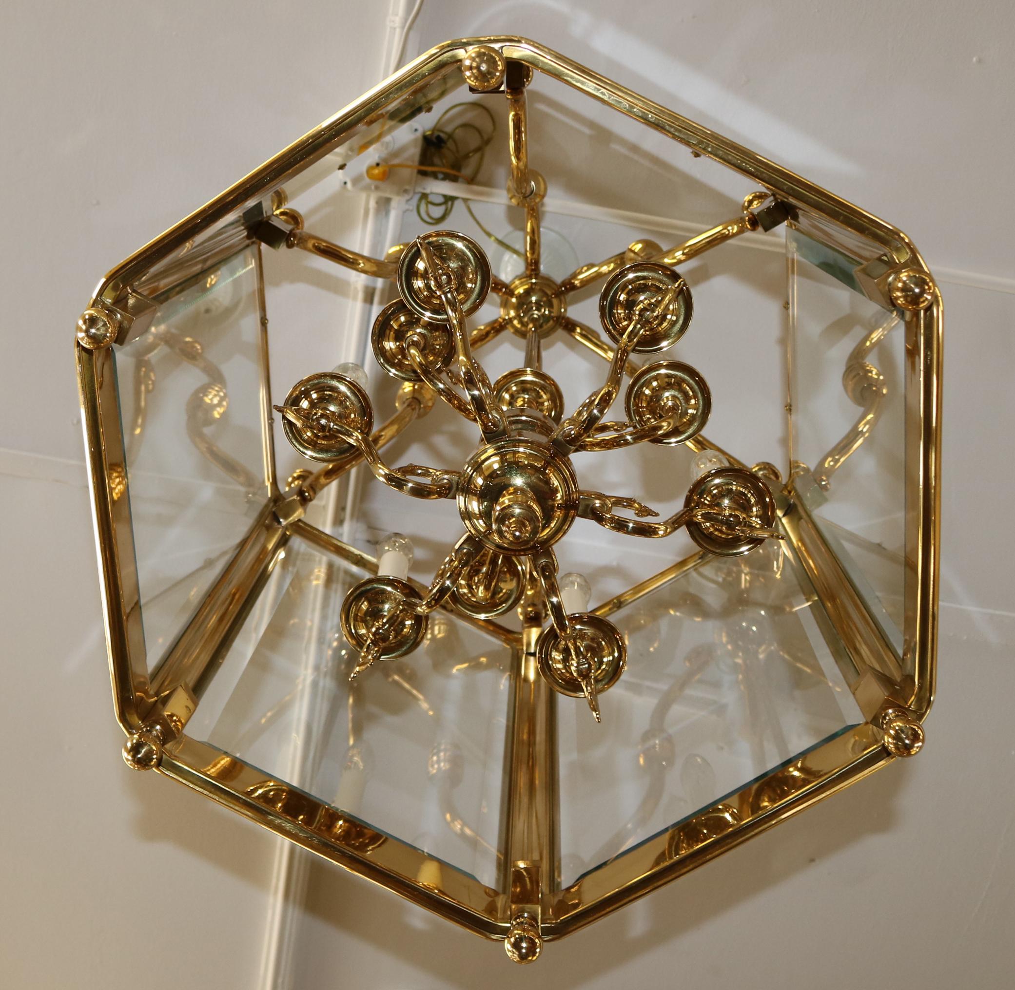 Large Brass Hexagon Shape Lantern Chandelier 9 Light Beveled Glass For Sale 1