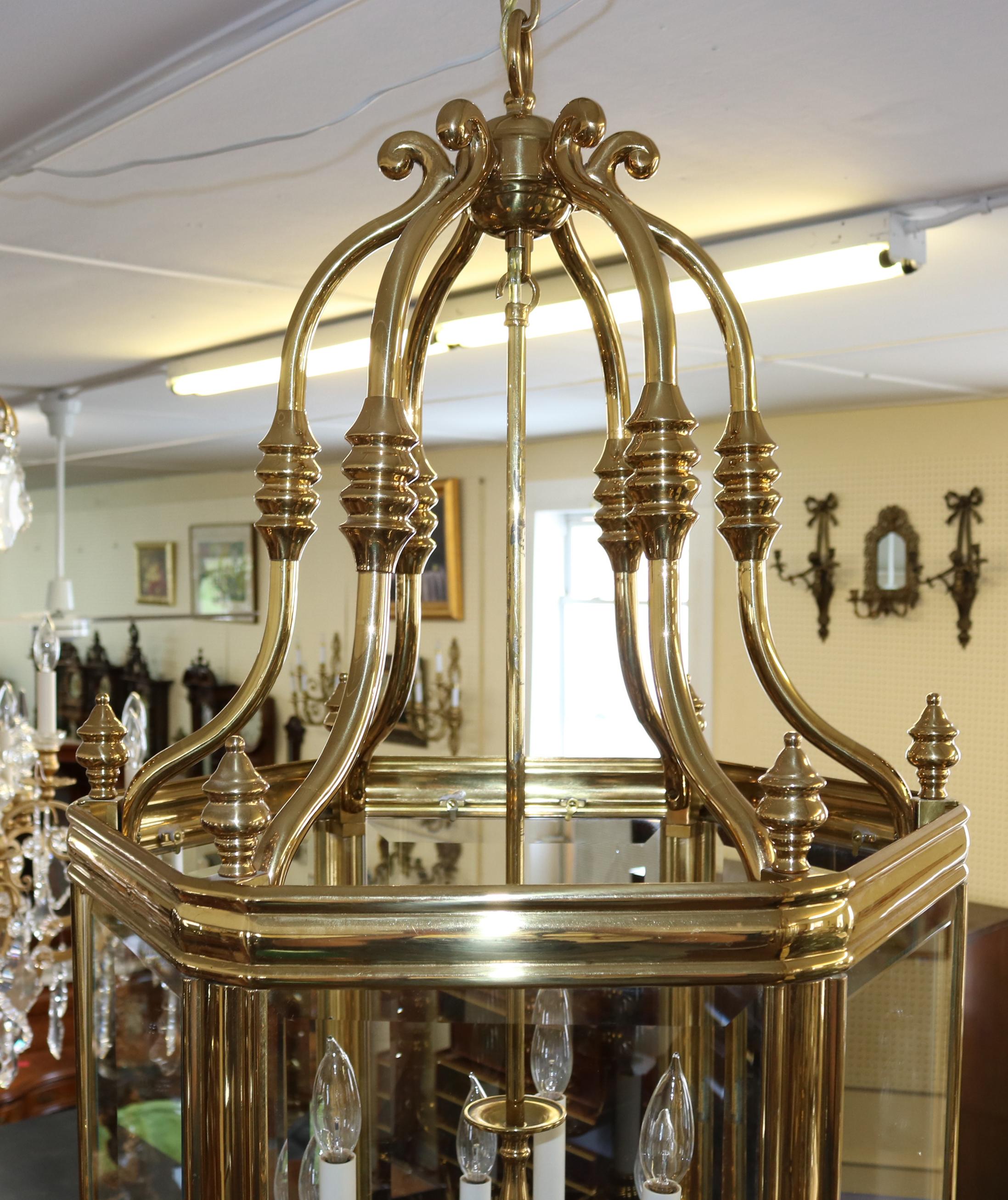Large Brass Hexagon Shape Lantern Chandelier 9 Light Beveled Glass For Sale 2