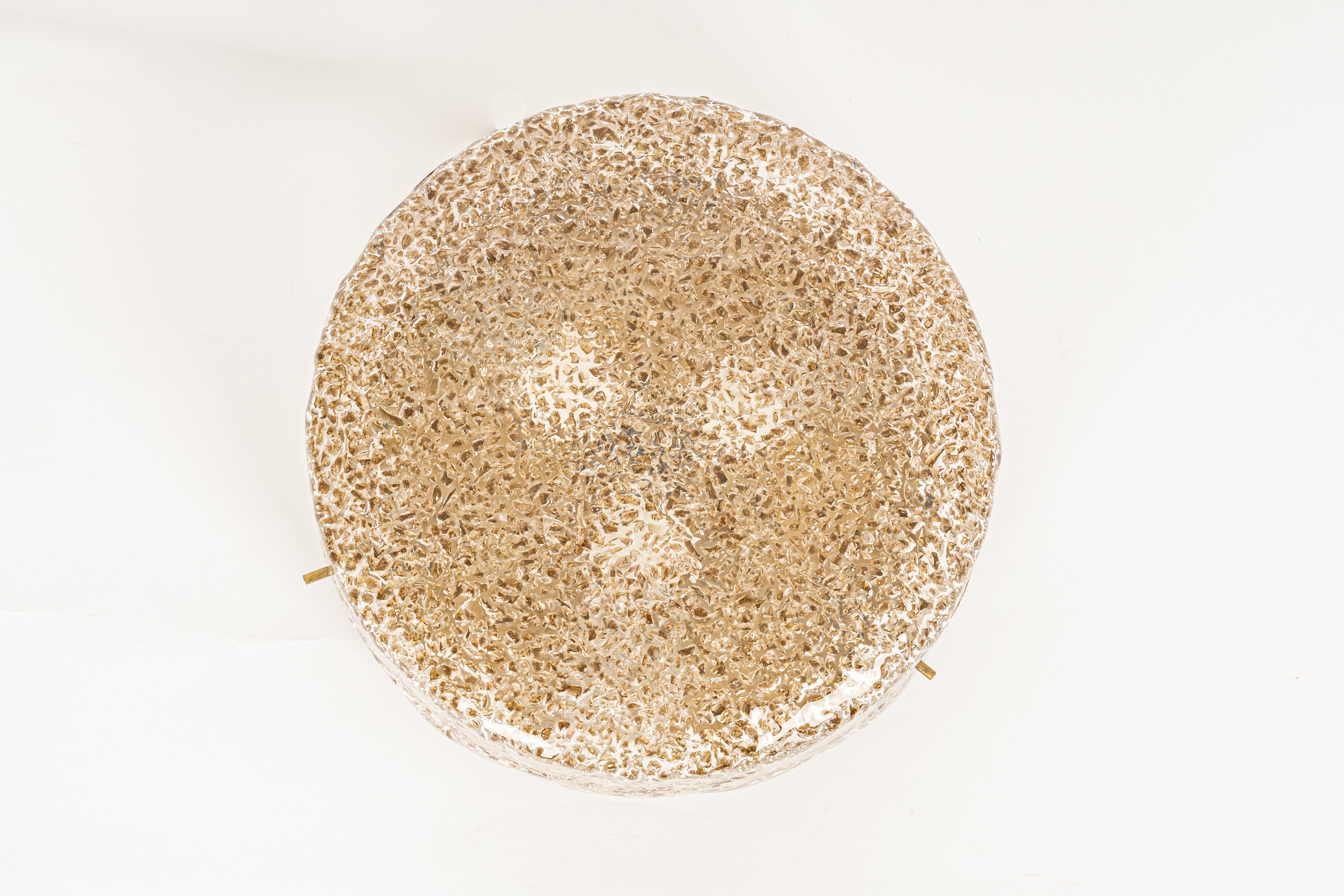 Mid-Century Modern 1 of 2 Large Brass Hillebrand Murano Glass Flush Mount, Germany, 1970s For Sale