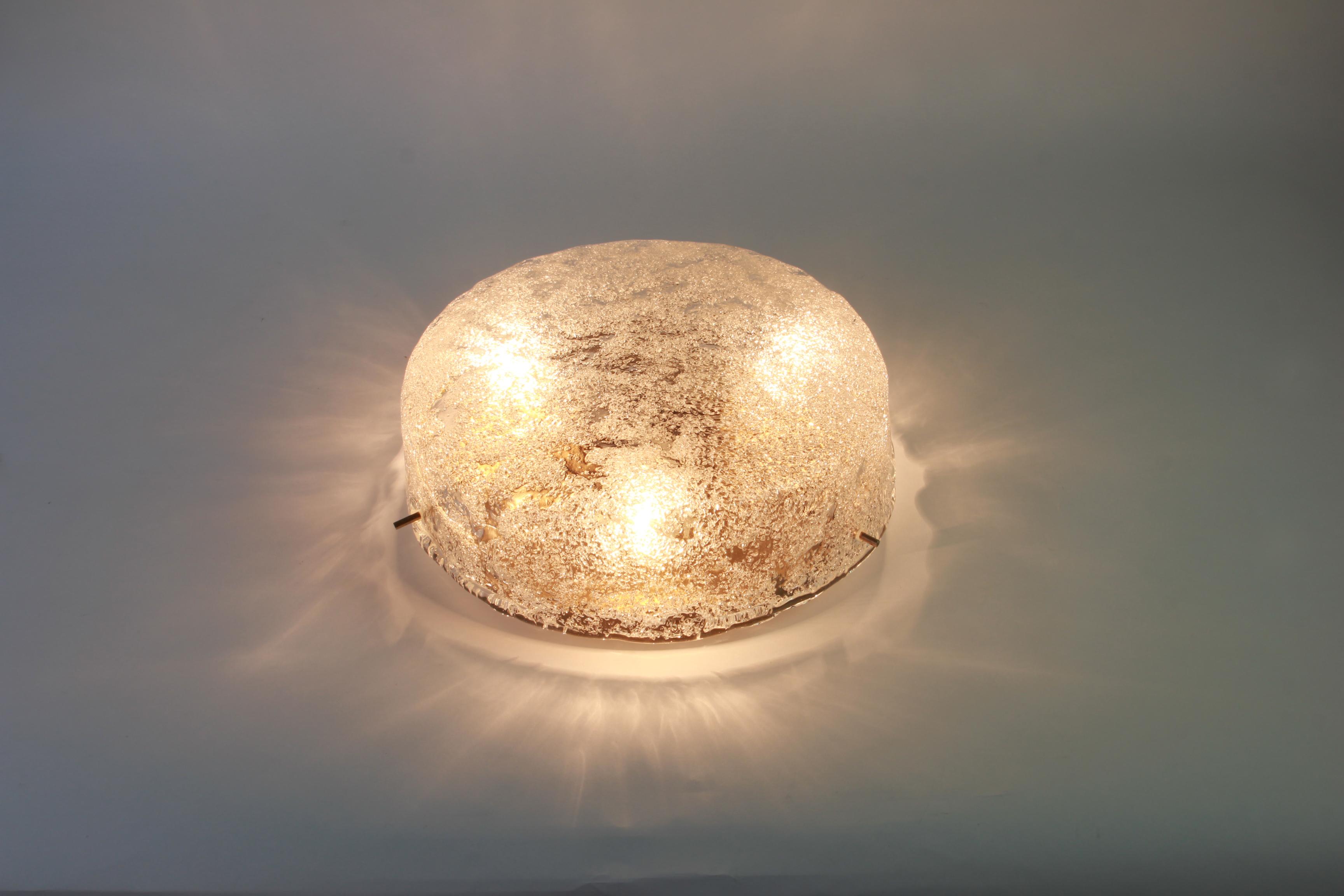 Large Brass Hillebrand Murano Glass Flush Mount, Germany, 1970s In Good Condition In Aachen, NRW