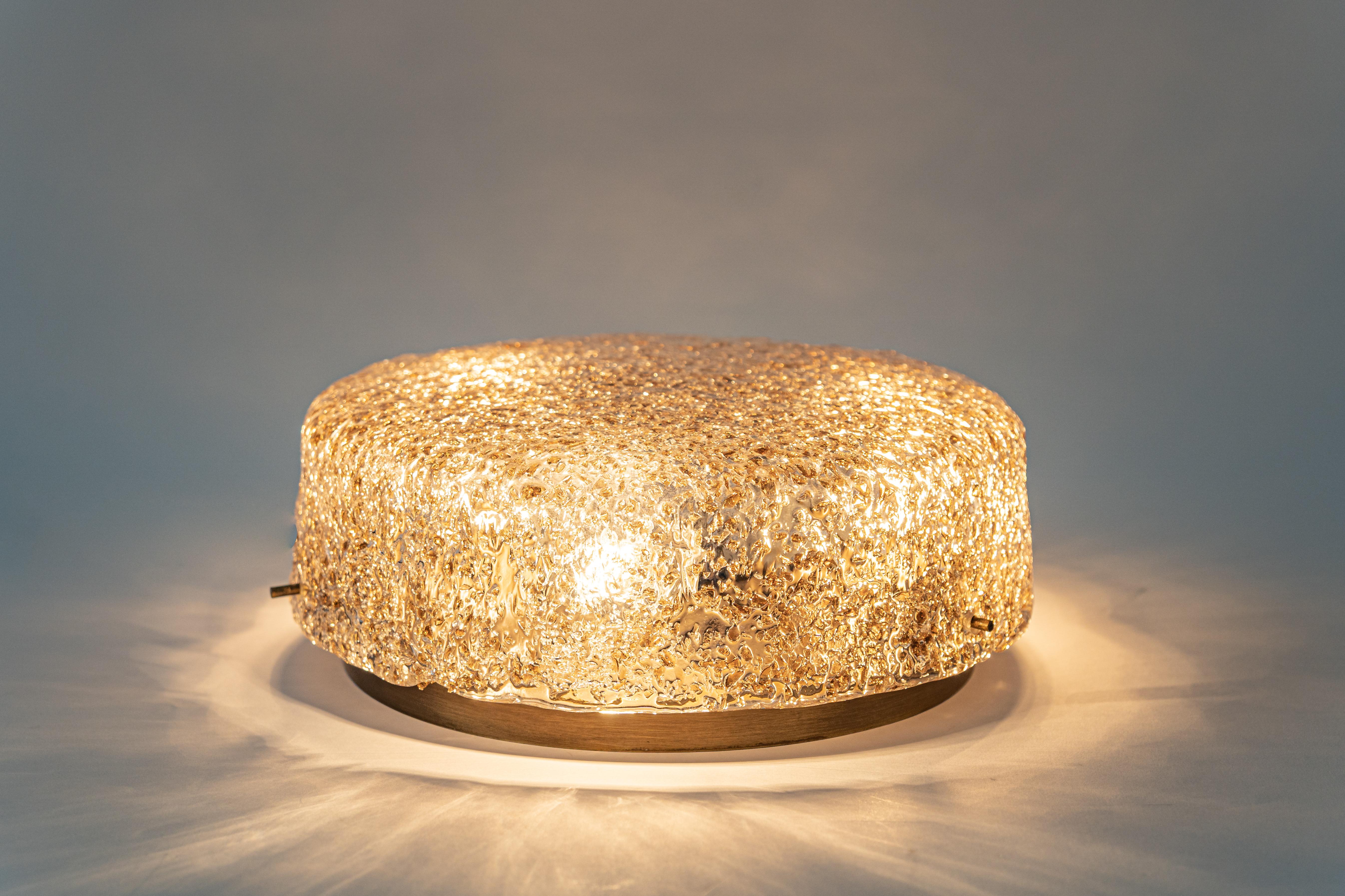 Mid-20th Century 1 of 2 Large Brass Hillebrand Murano Glass Flush Mount, Germany, 1970s For Sale