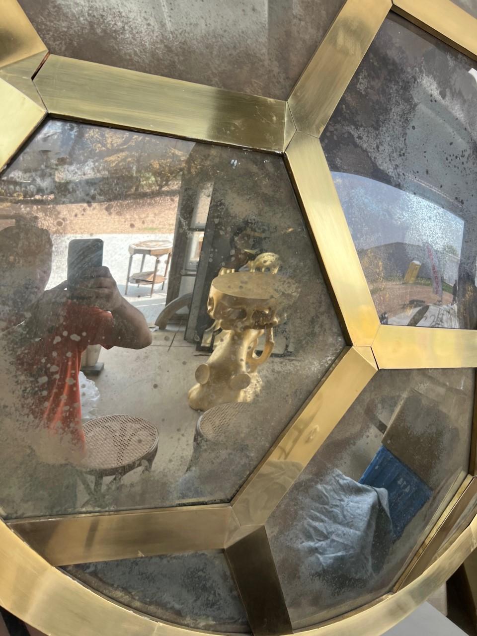 Large Brass Honeycomb Convex Mirror For Sale 6