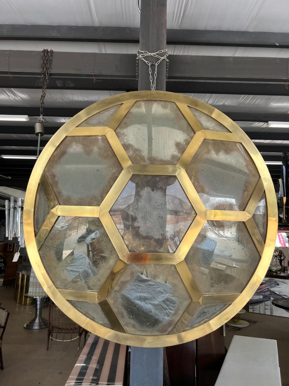 Mid-Century Modern Large Brass Honeycomb Convex Mirror For Sale