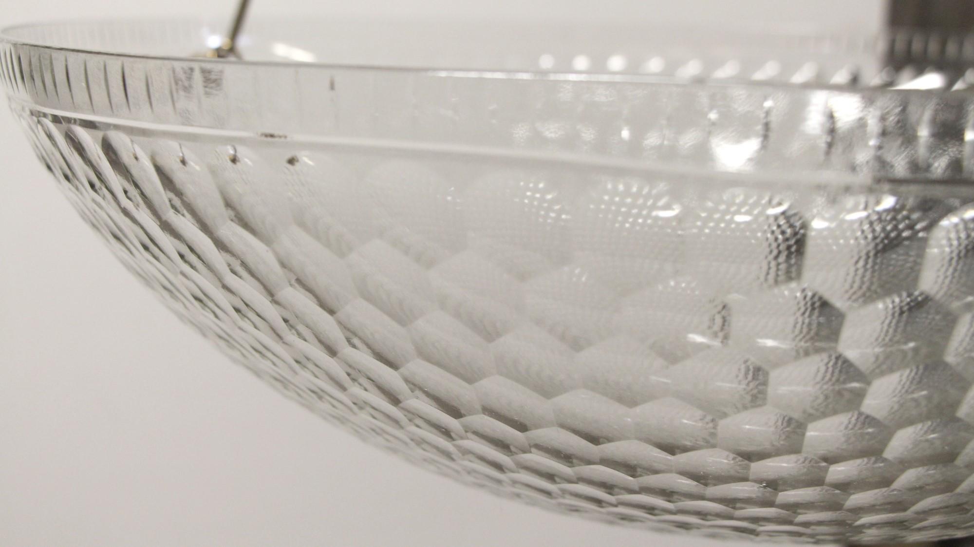 Mid-Century Modern Large Brass Honeycomb Pattern Glass Dish Pendant Light Italian Style