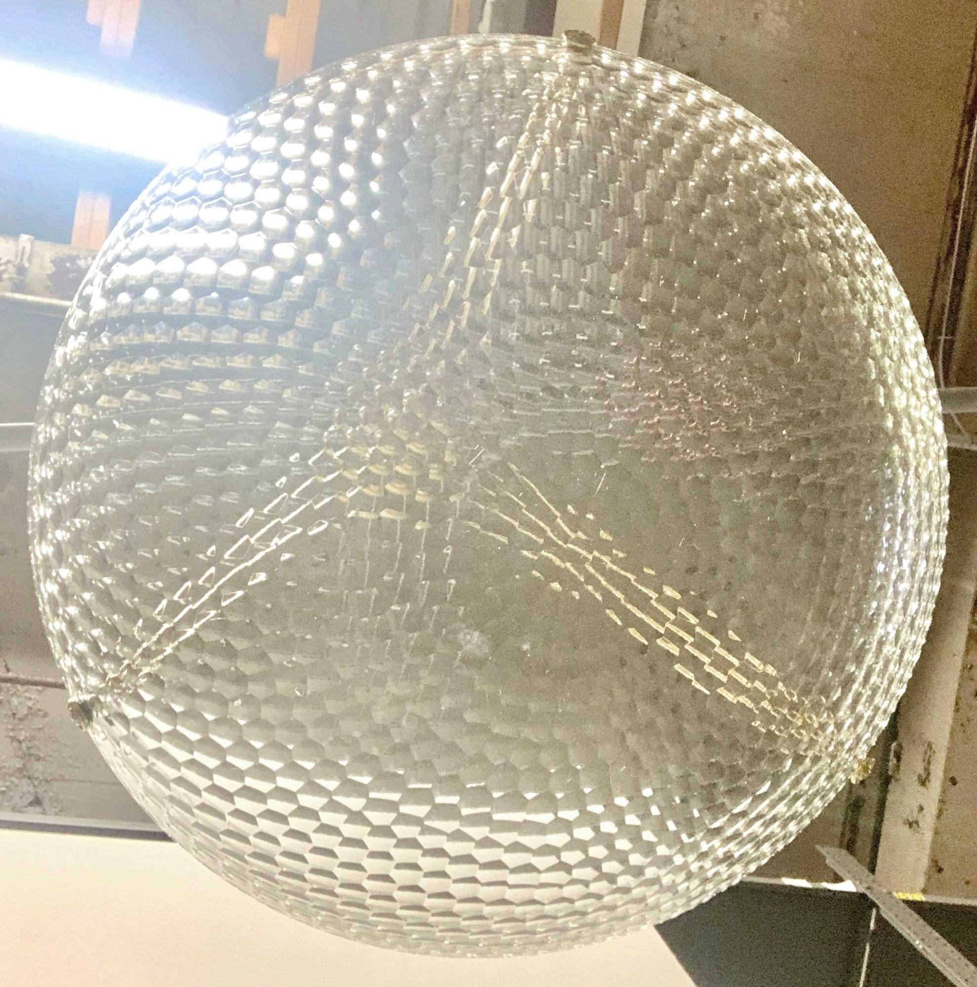 Contemporary Large Brass Honeycomb Pattern Glass Dish Pendant Light Italian Style