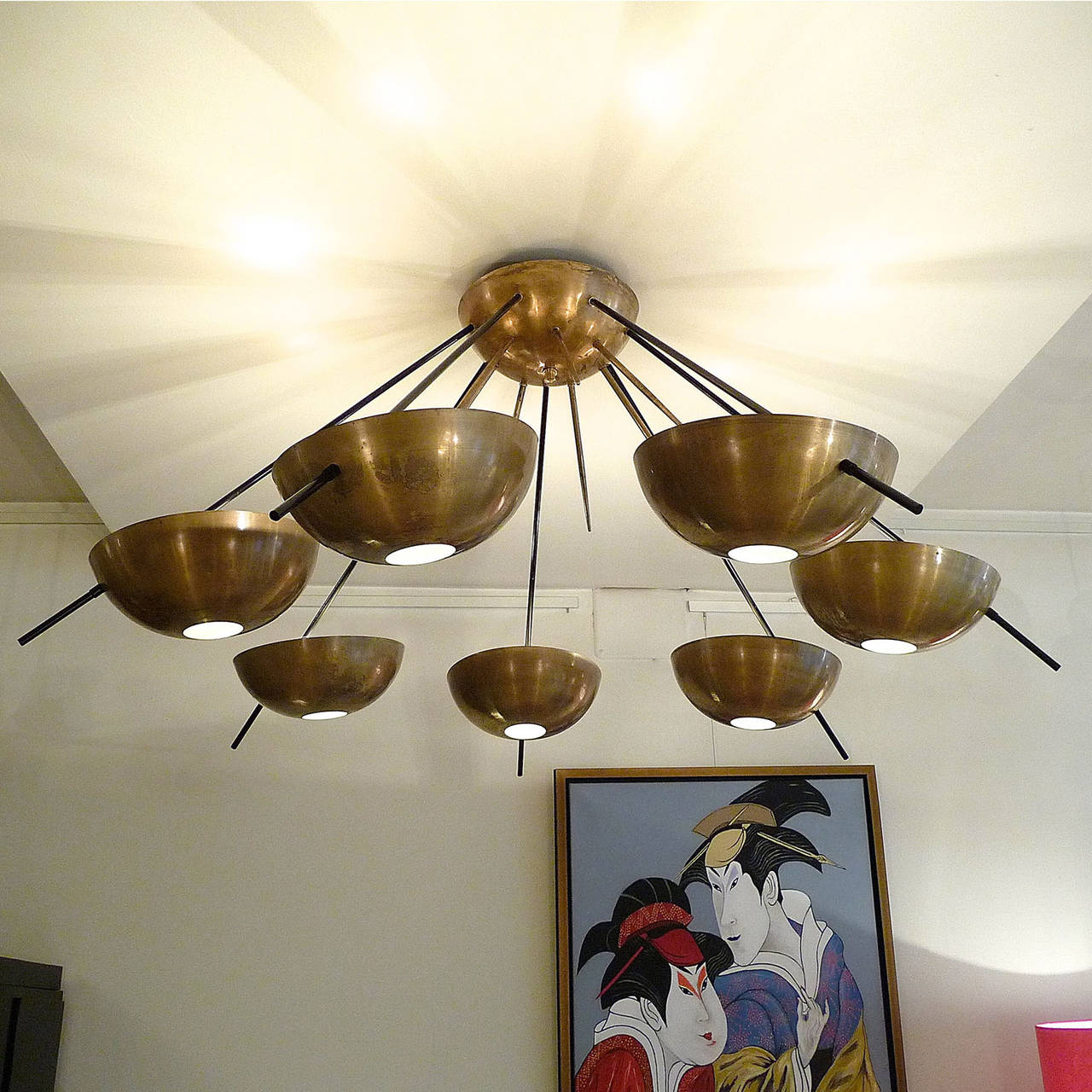 Lacquered Large Brass Italian Ceiling Lamp in the Style of Stilnovo For Sale