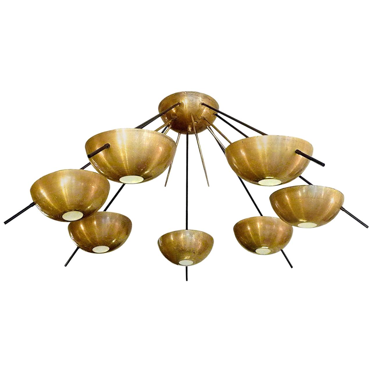 Large Brass Italian Ceiling Lamp in the Style of Stilnovo For Sale