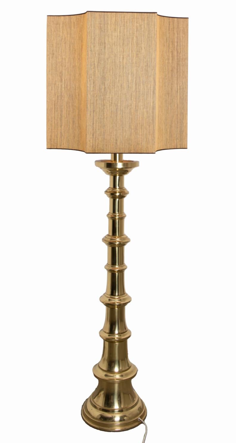 Mid-Century Modern Large Brass Kaiser Floor Lamp with Silk Lampshade by René Houben