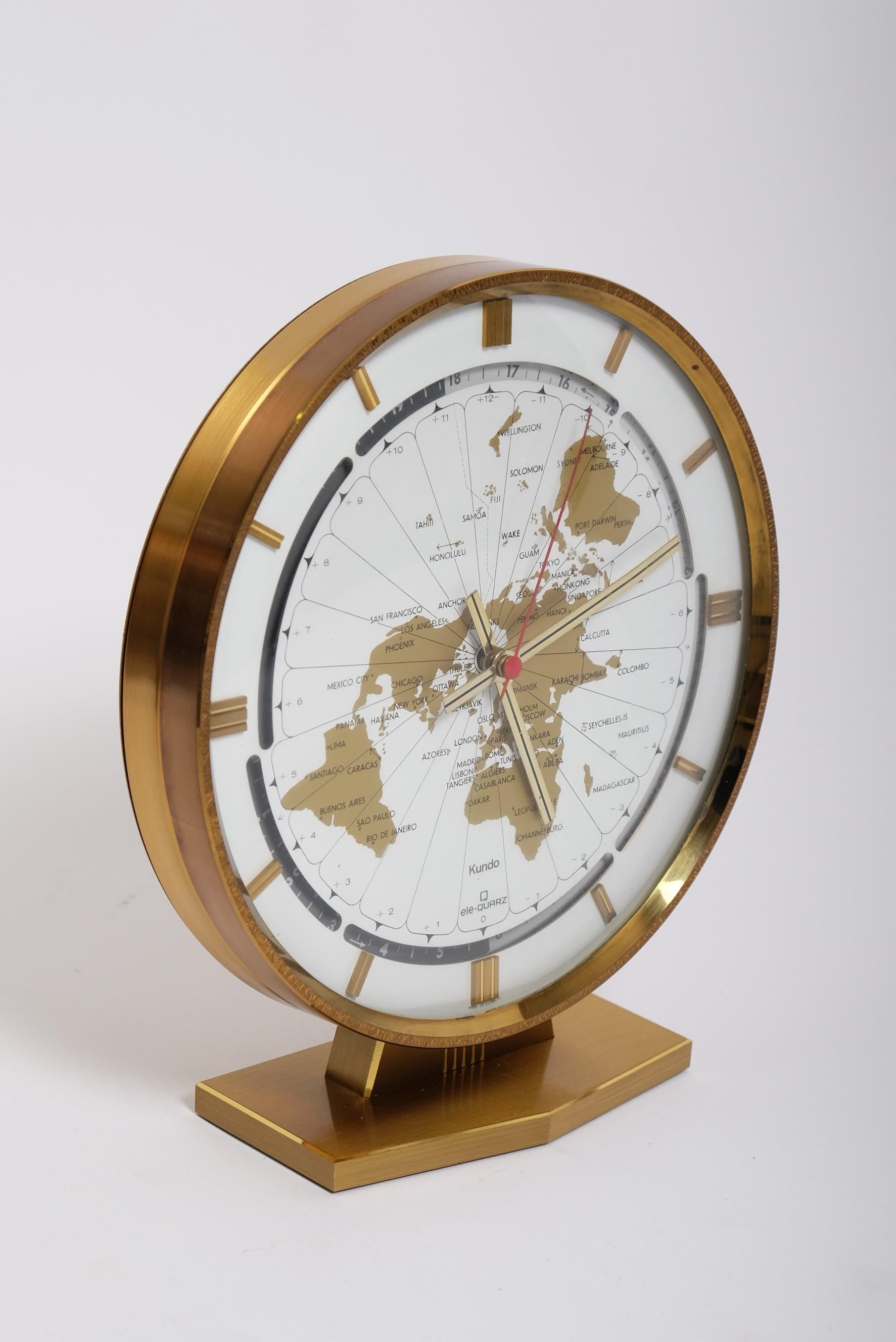 German Large Brass Table World Time Zone Clock by Kundo / Kieninger & Obergfell, 1970s For Sale