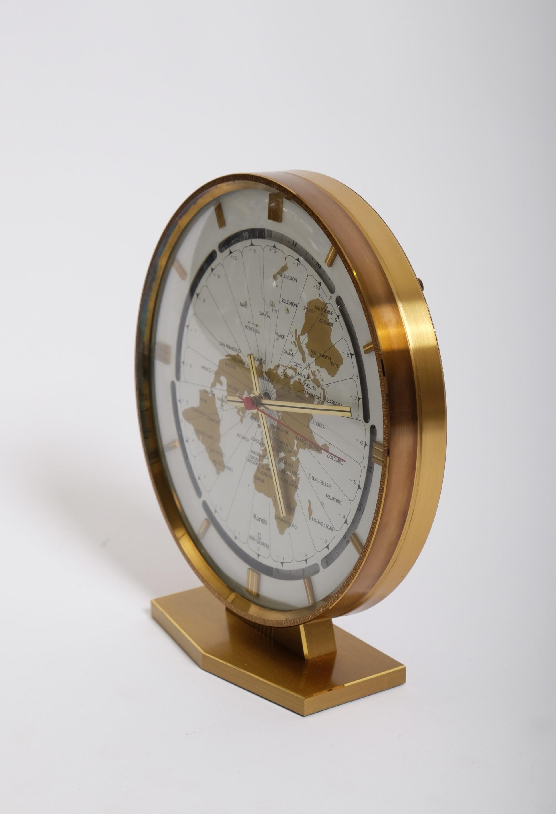Large Brass Table World Time Zone Clock by Kundo / Kieninger & Obergfell, 1970s For Sale 1