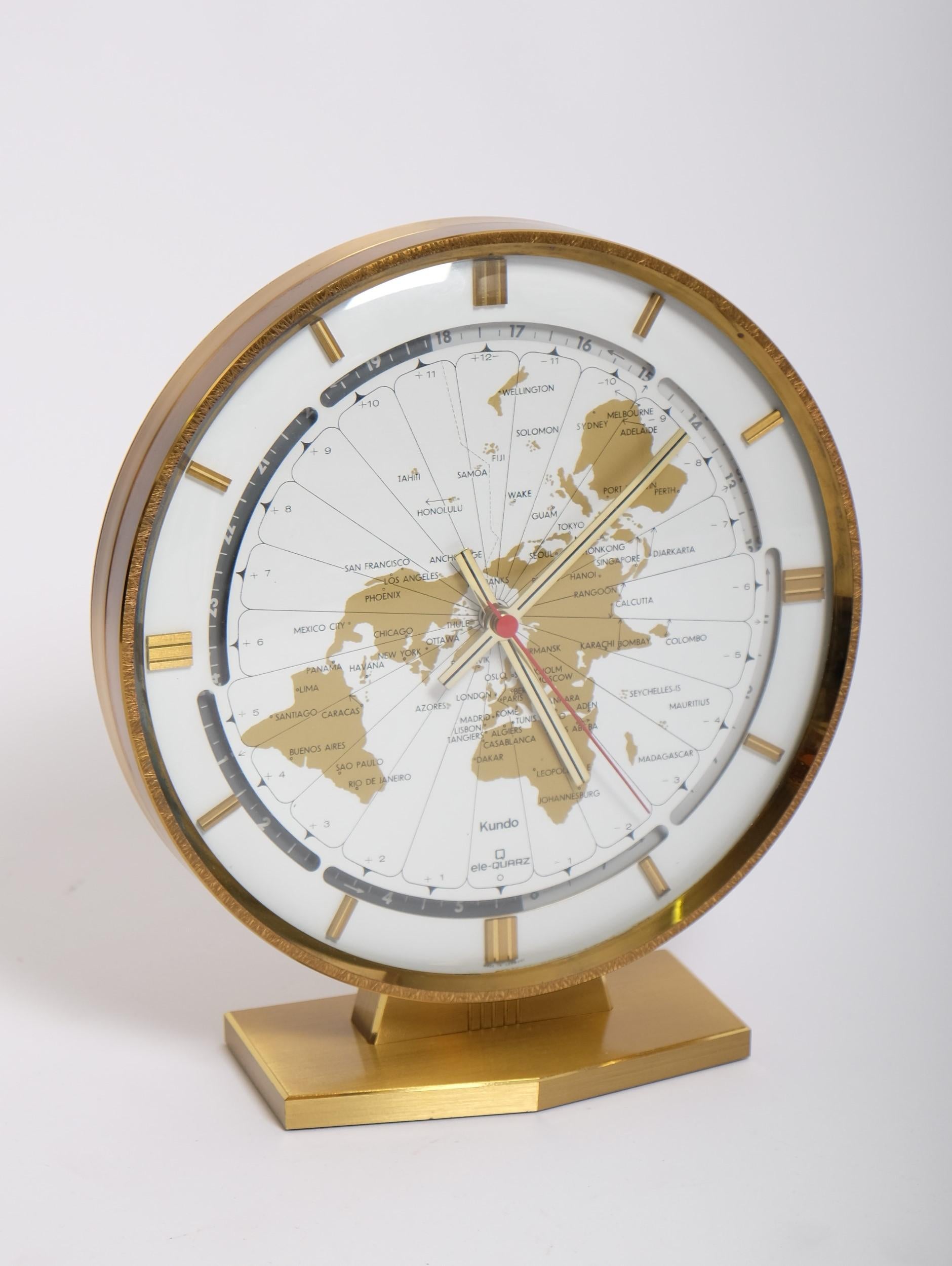 Mid-Century Modern Large Brass Table World Time Zone Clock by Kundo / Kieninger & Obergfell, 1970s For Sale