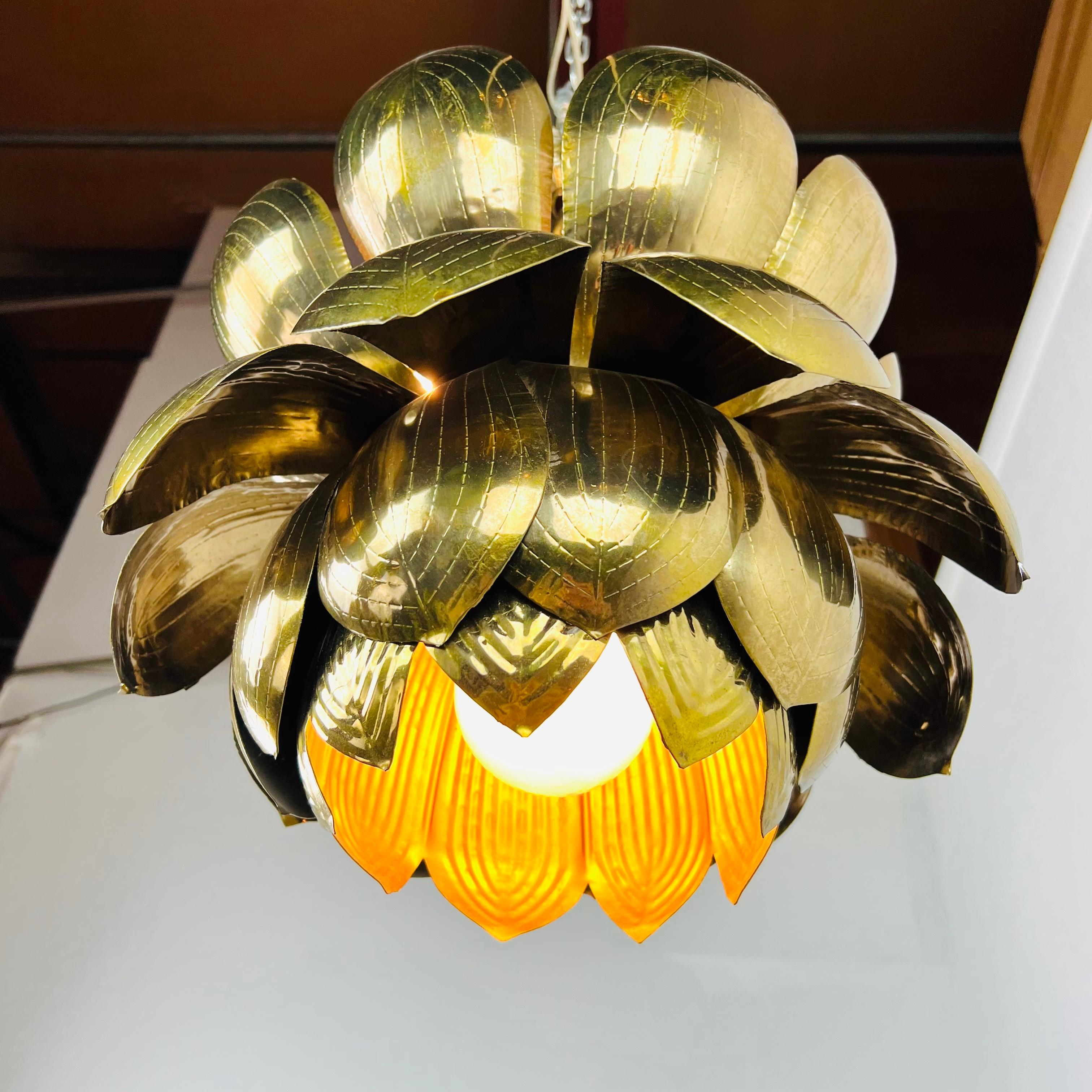 Large Brass Lotus Pendant by Feldman 8
