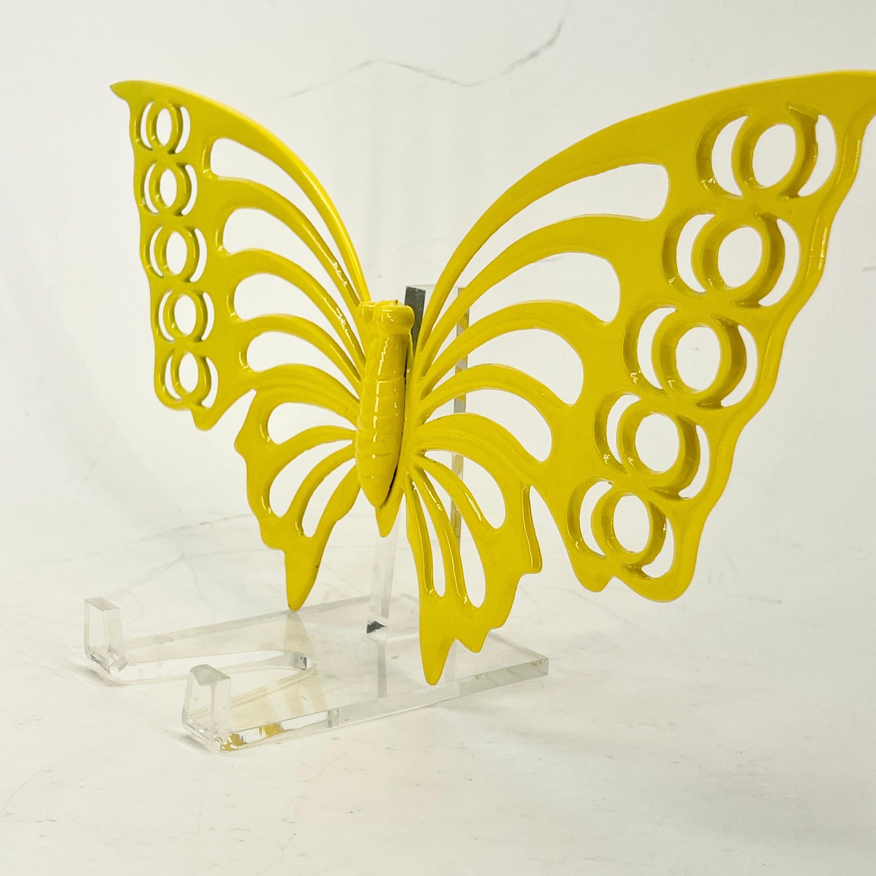 Large Brass Mid-Century Butterfly Sculpture in Bright Yellow Powder-Coat For Sale 7