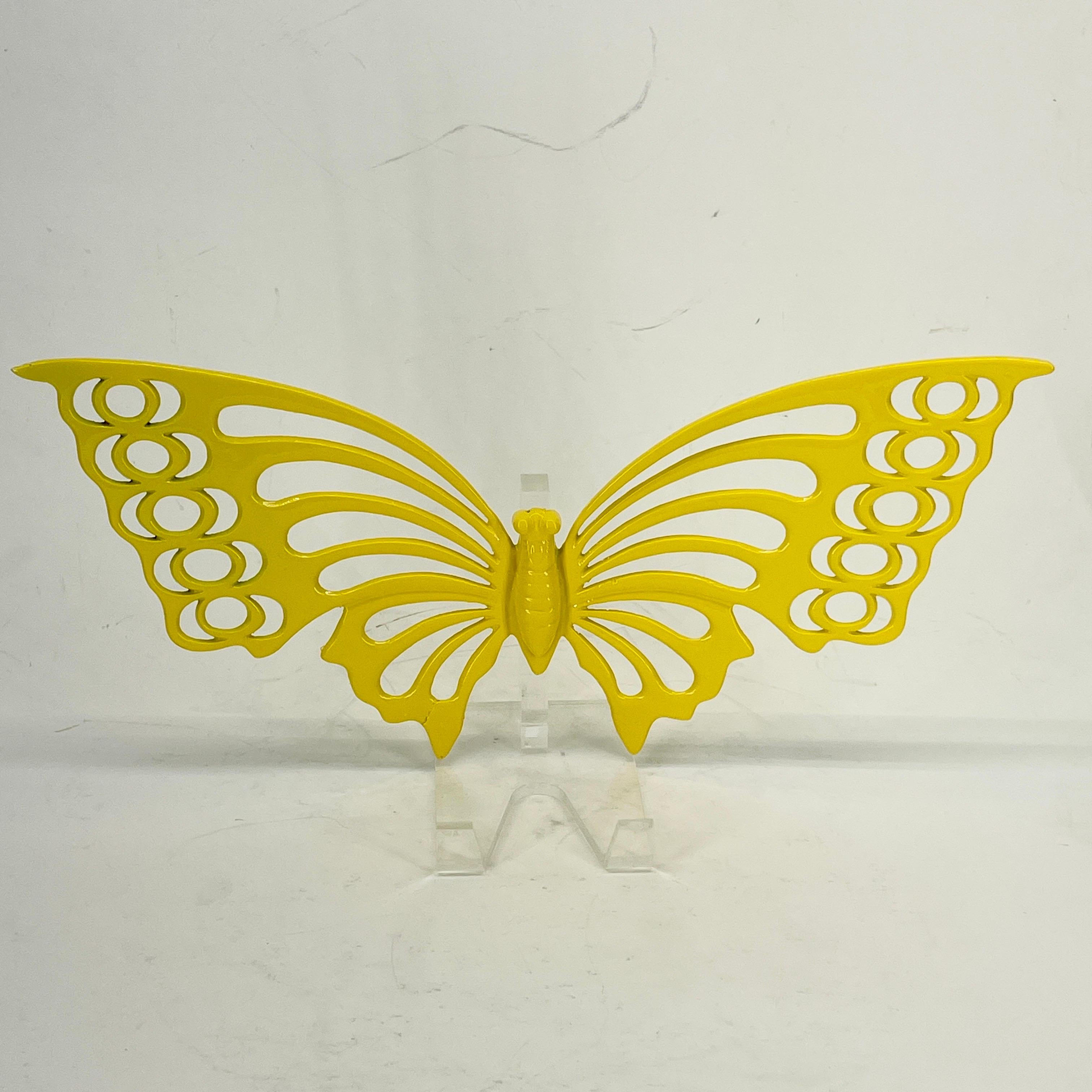 Large Brass Midcentury Butterfly Sculpture in Bright Yellow Powder-Coat For Sale 8