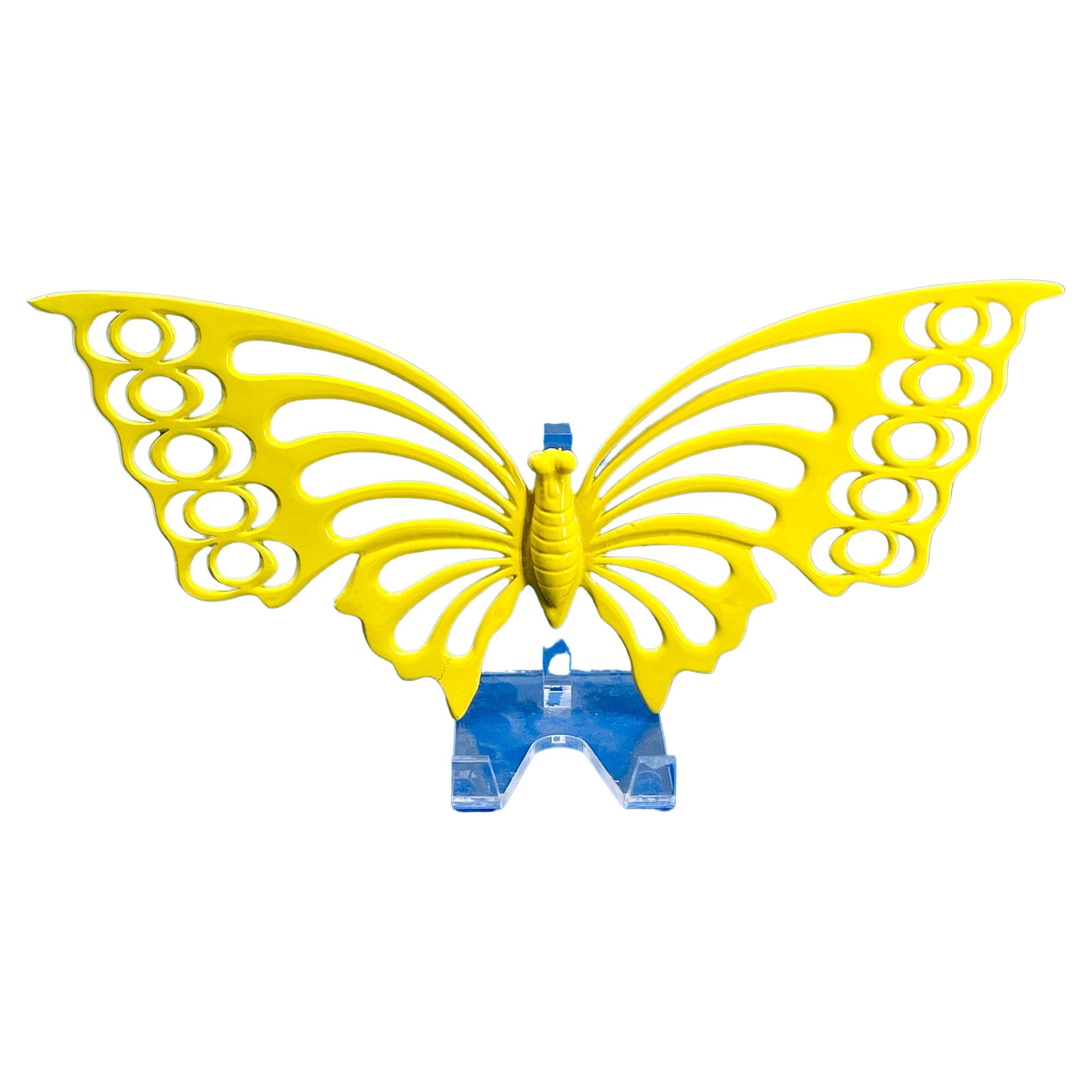 Powder-Coated Large Brass Midcentury Butterfly Sculpture in Bright Yellow Powder-Coat For Sale