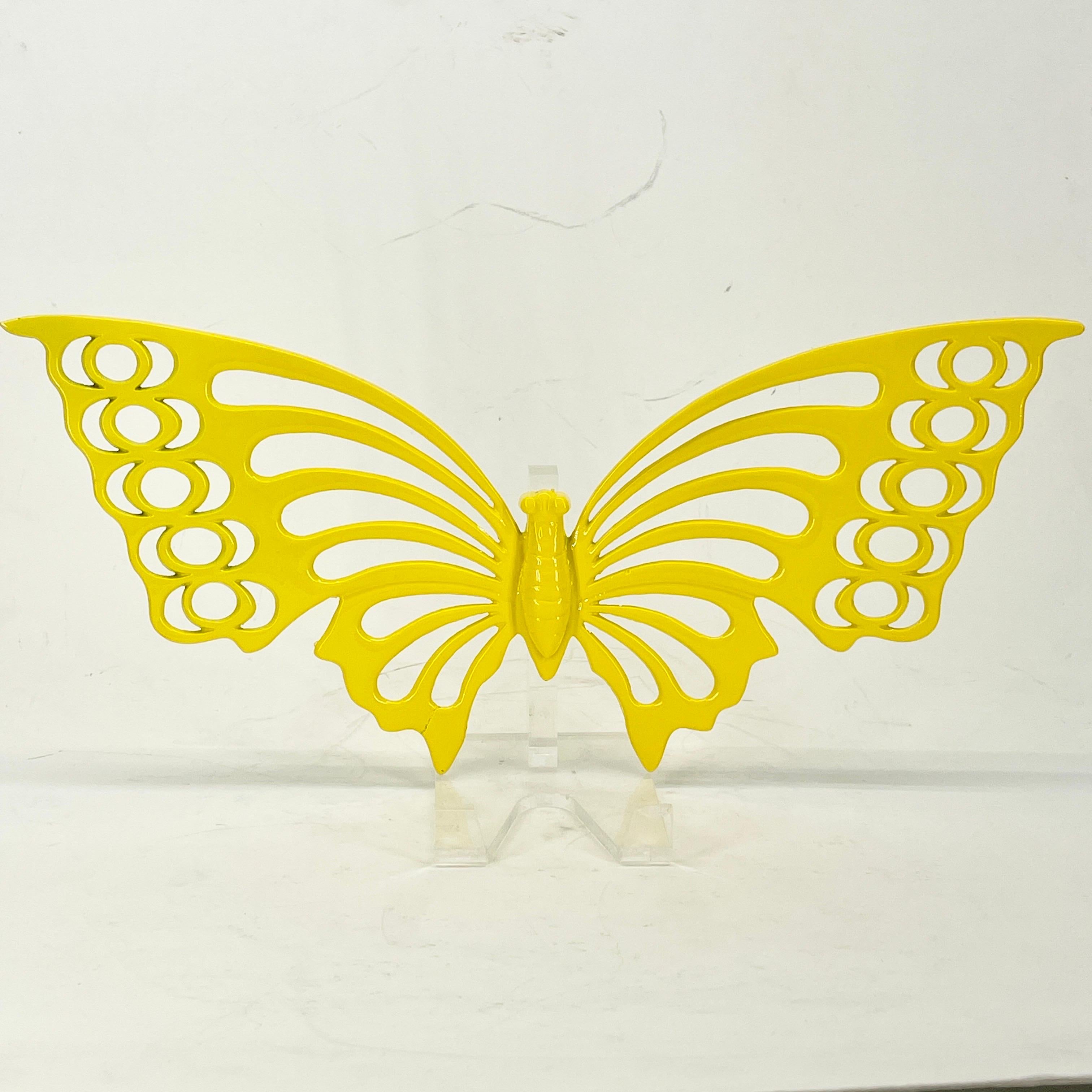 Large Brass Mid-Century Butterfly Sculpture in Bright Yellow Powder-Coat In Good Condition For Sale In Haddonfield, NJ