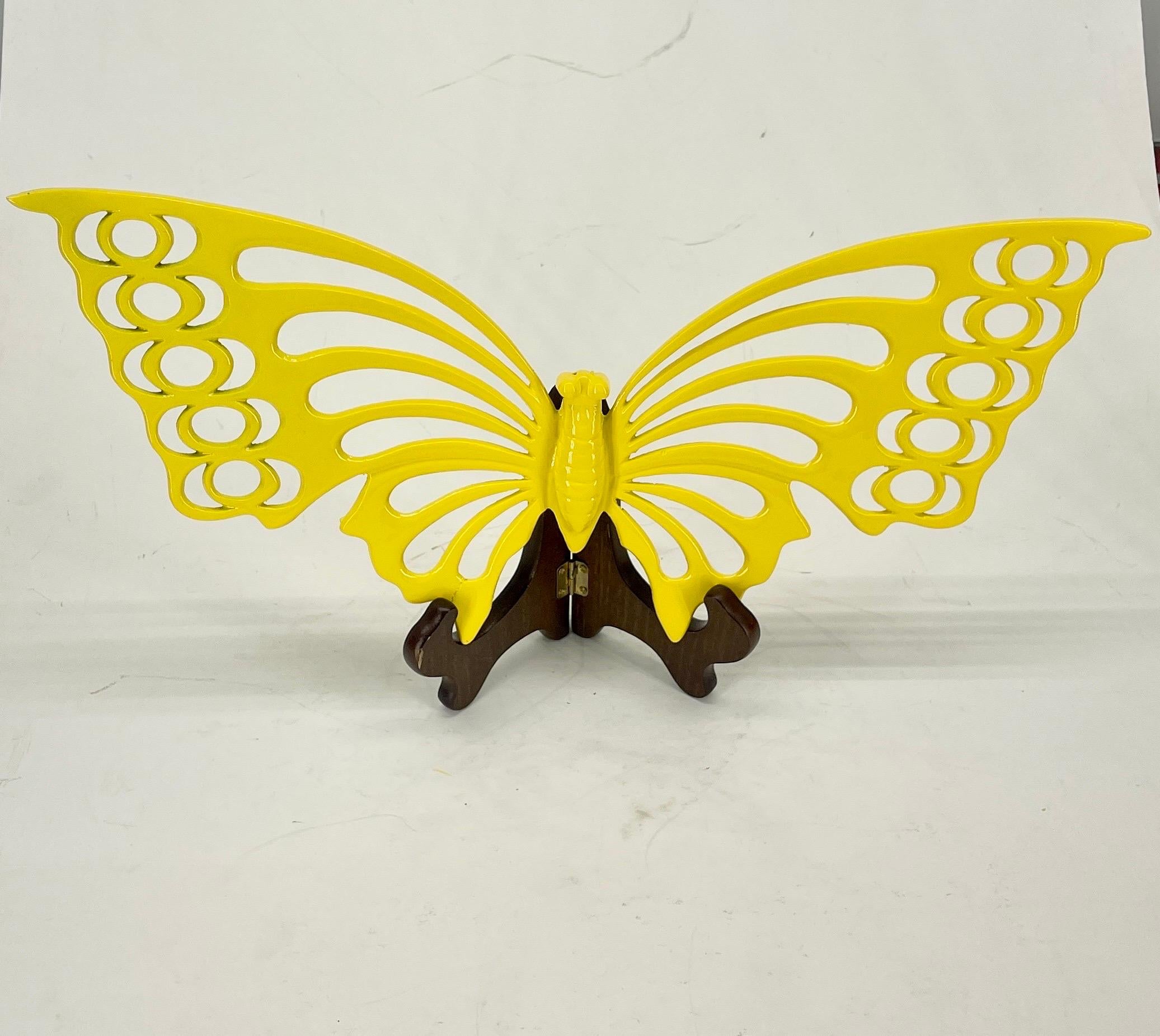 Large Brass Midcentury Butterfly Sculpture in Bright Yellow Powder-Coat For Sale 1