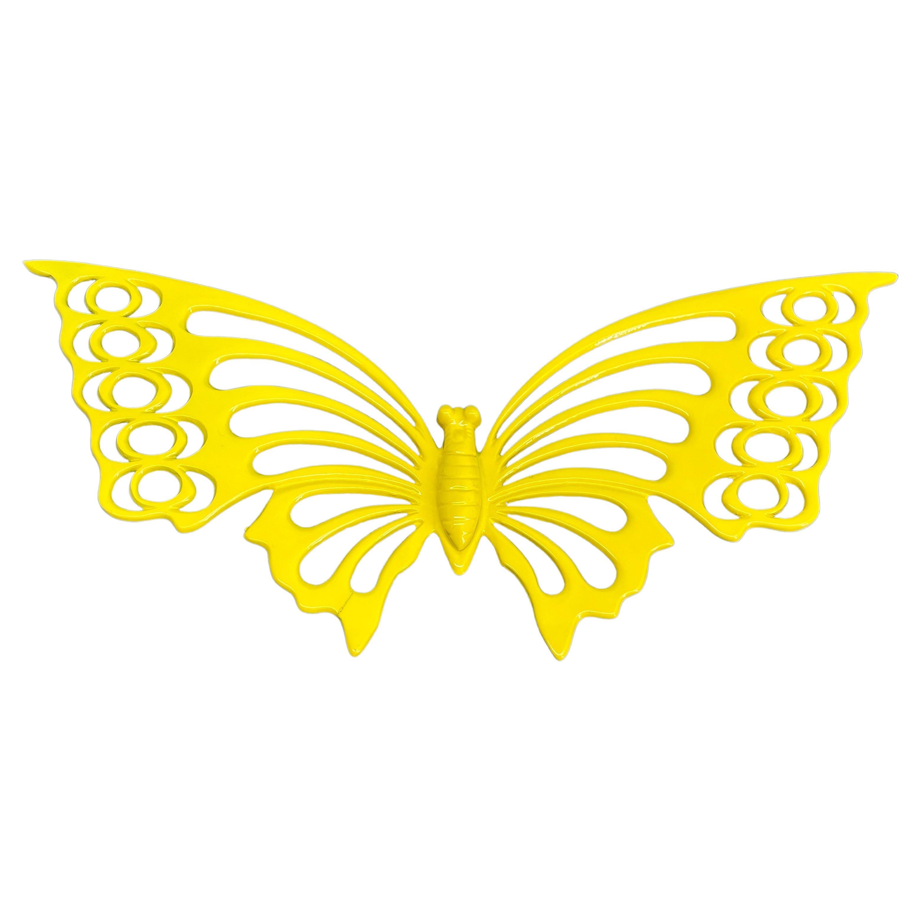 Large Brass Midcentury Butterfly Sculpture in Bright Yellow Powder-Coat