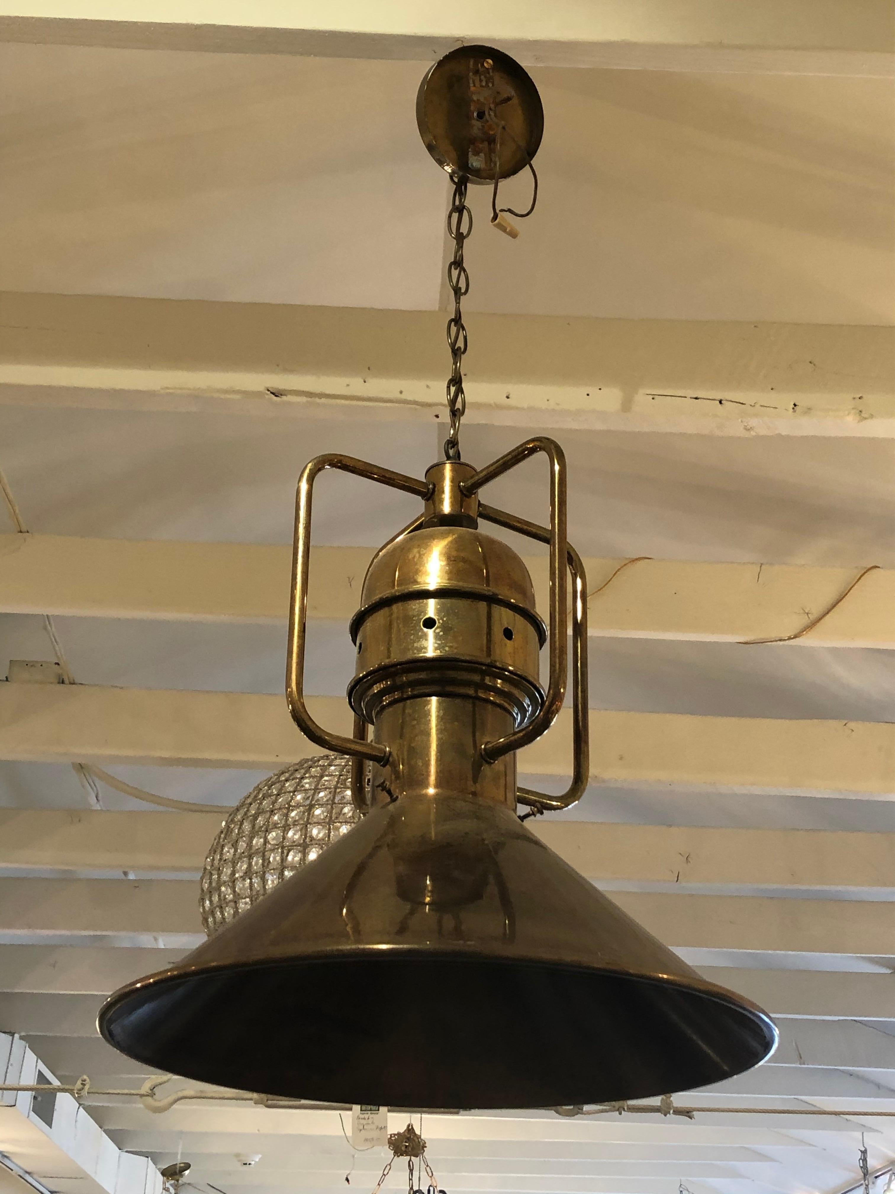 Large Brass Nautical Industrial Light Fixture Chandelier In Good Condition In Hopewell, NJ