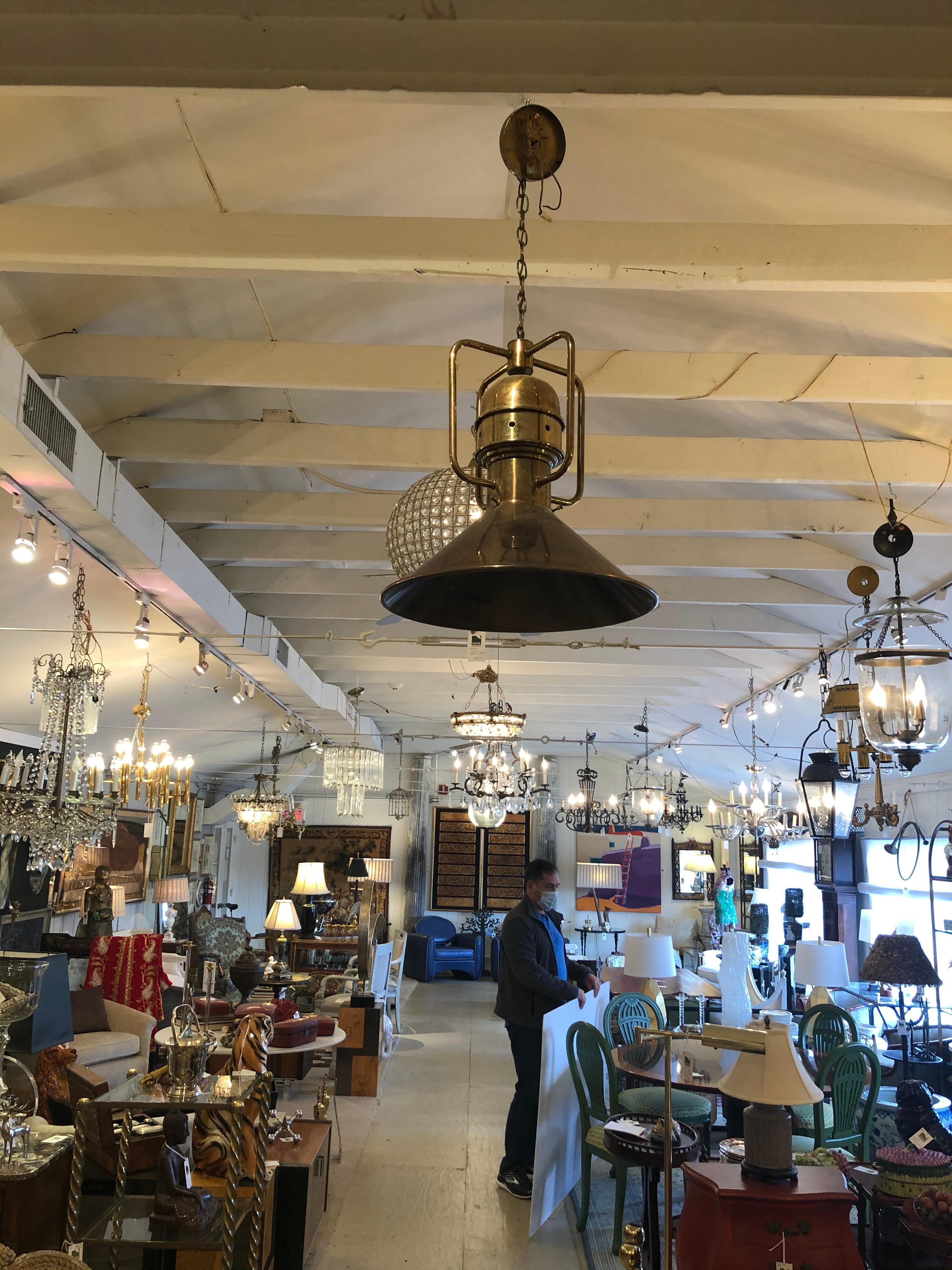 Late 20th Century Large Brass Nautical Industrial Light Fixture Chandelier