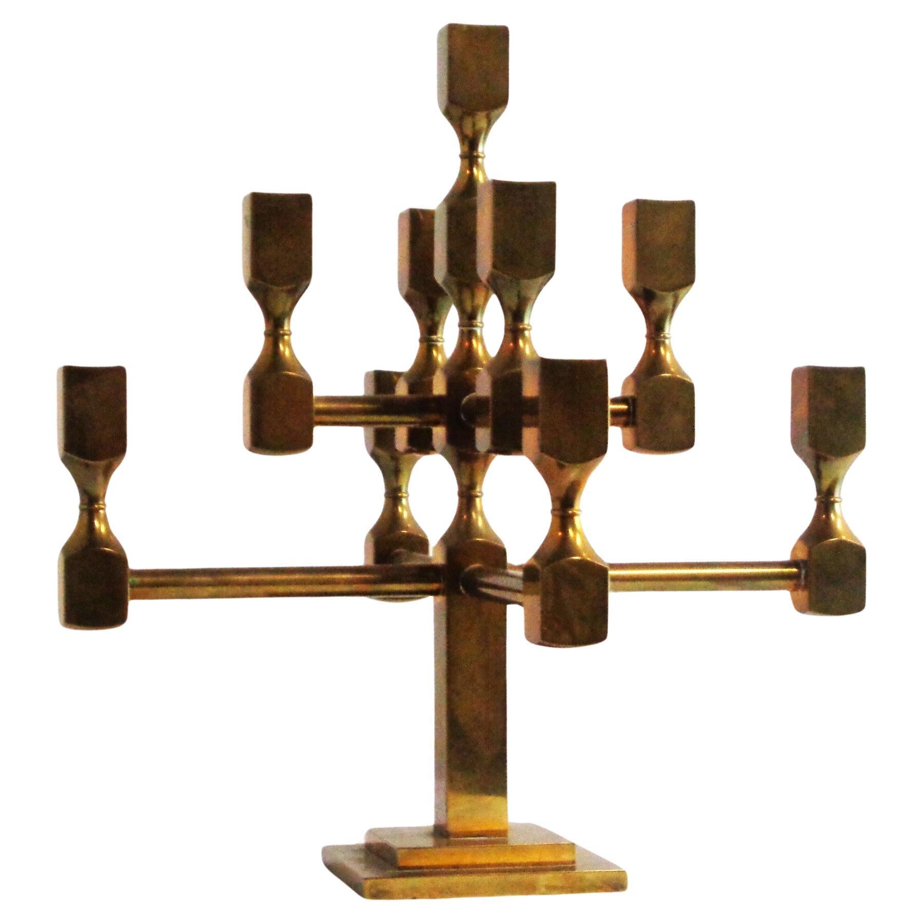  Large Brass Nine Light Candelabra by Lars Bergsten for Gusum Sweden 1984 In Good Condition For Sale In Rochester, NY