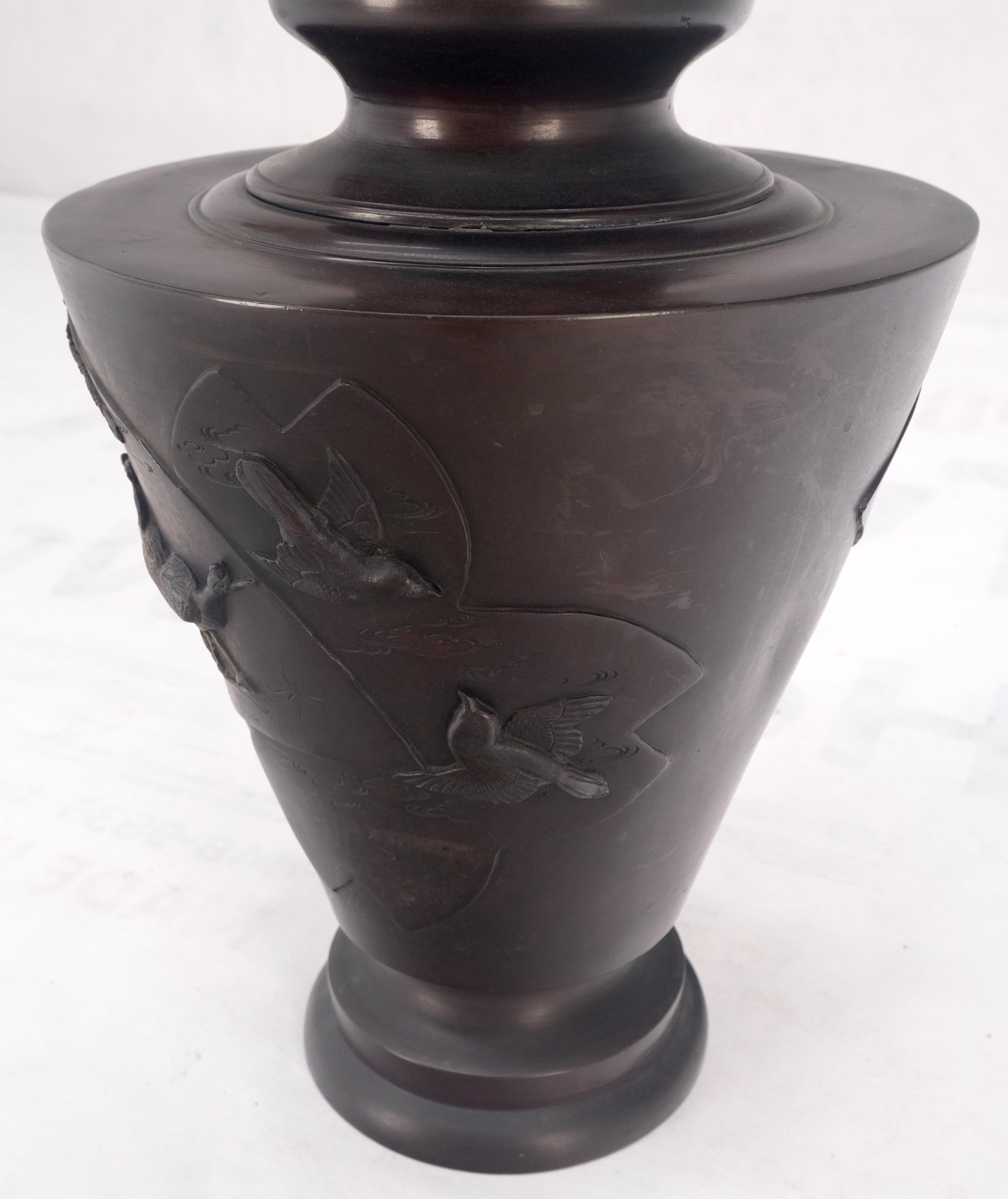 large Brass or Bronze Asian Two Handles Vase Urn Birds Motif Reliefs Clean! For Sale 6