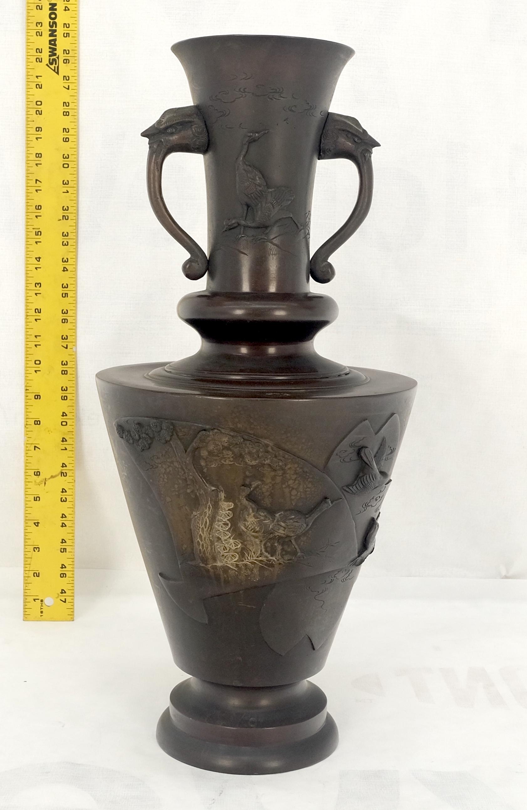 large Brass or Bronze Asian Two Handles Vase Urn Birds Motif Reliefs Clean! For Sale 7