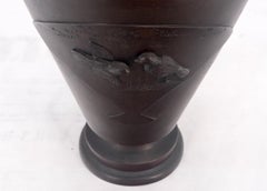 large Brass or Bronze Asian Two Handles Vase Urn Birds Motif Reliefs Clean!