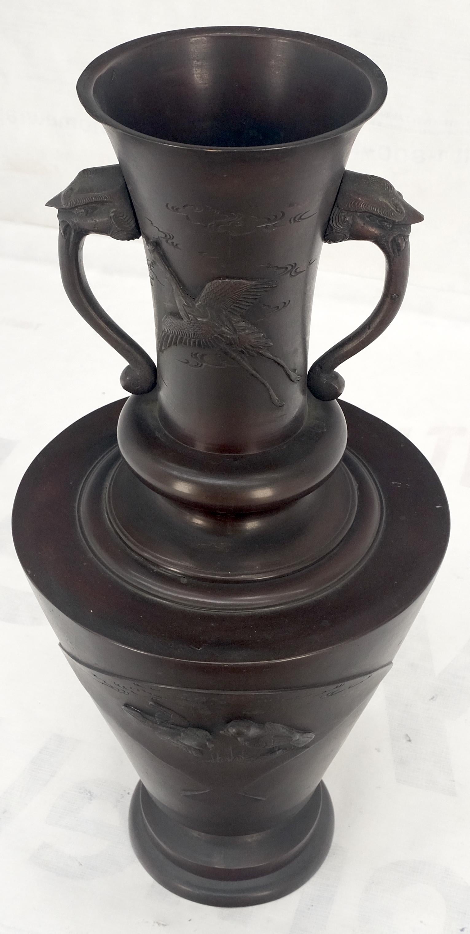 large Brass or Bronze Asian Two Handles Vase Urn Birds Motif Reliefs Clean! In Good Condition For Sale In Rockaway, NJ