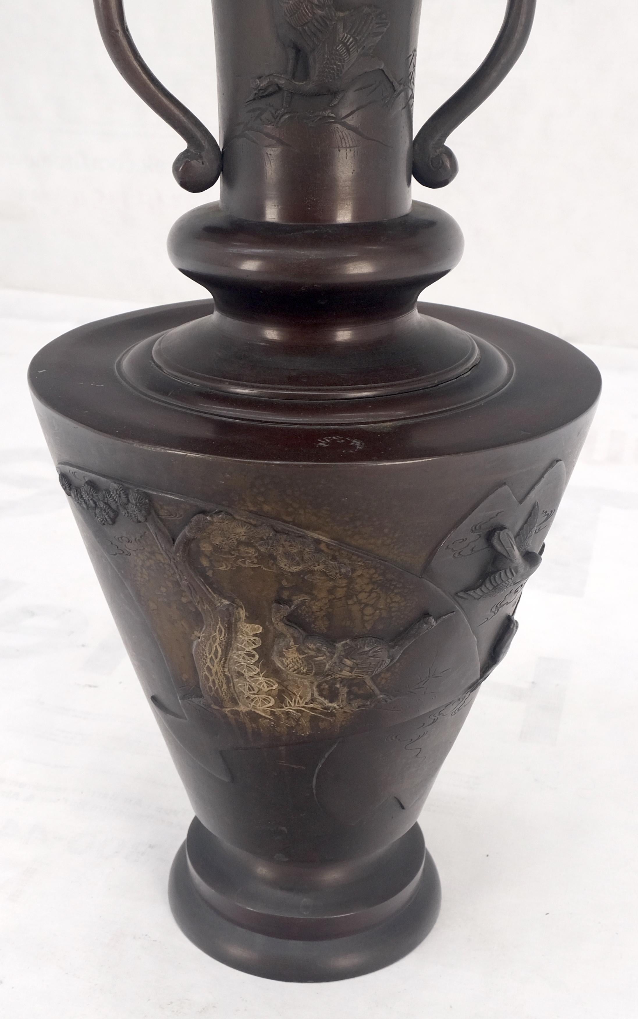 large Brass or Bronze Asian Two Handles Vase Urn Birds Motif Reliefs Clean! For Sale 2