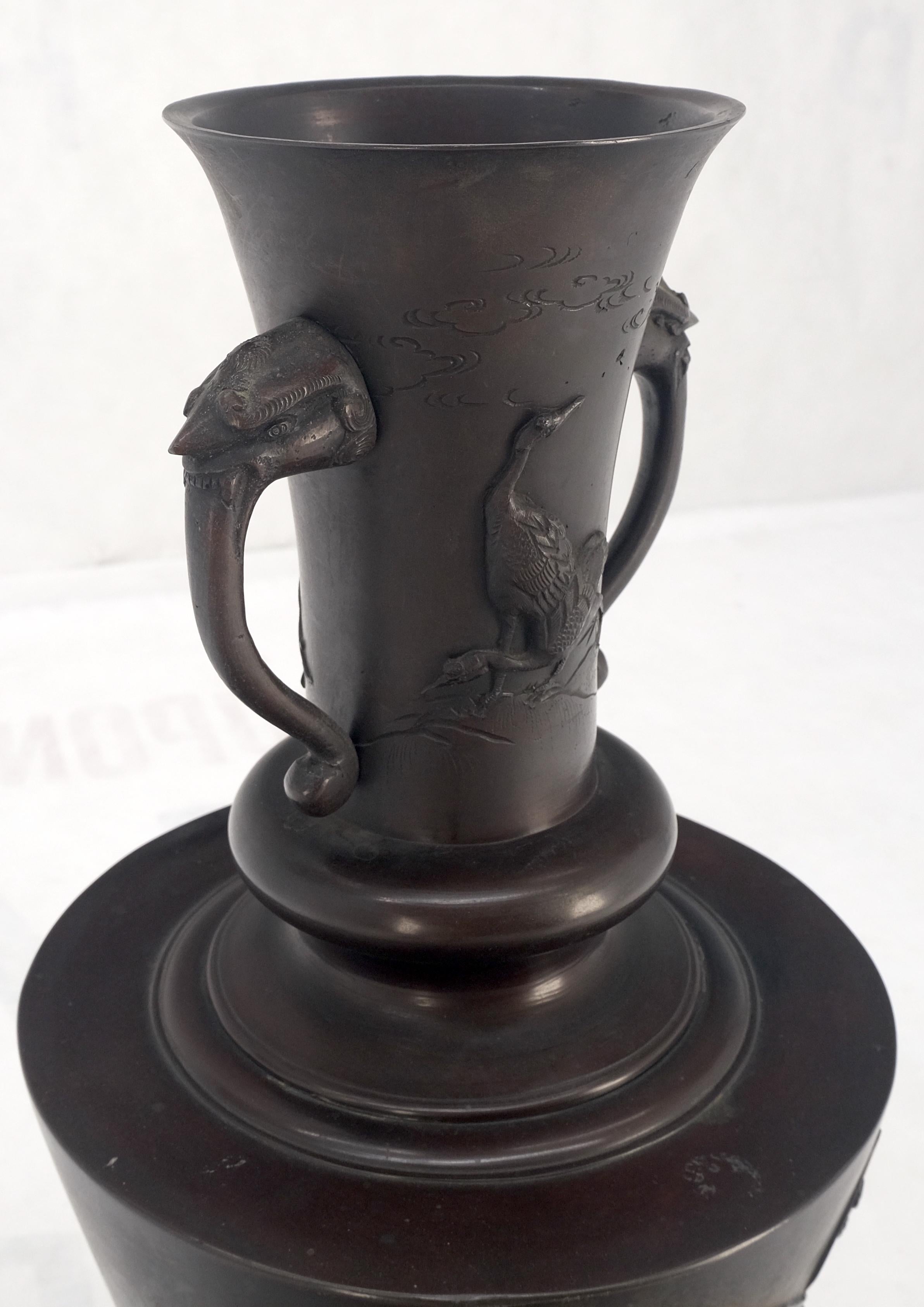 large Brass or Bronze Asian Two Handles Vase Urn Birds Motif Reliefs Clean! For Sale 3