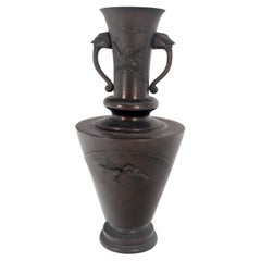 large Brass or Bronze Asian Two Handles Vase Urn Birds Motif Reliefs Clean!