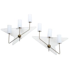 Large Brass & Painted Perforated Steel Mategot Style Sconces, France 1960's