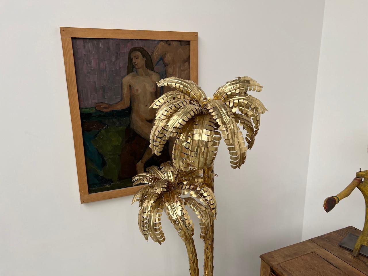 Large brass palm tree floor lamp with 3 trunks, DLG Maison Jansen For Sale 5