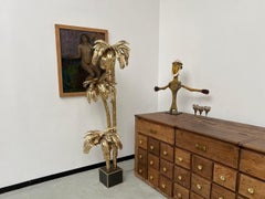 Large brass palm tree floor lamp with 3 trunks, DLG Maison Jansen