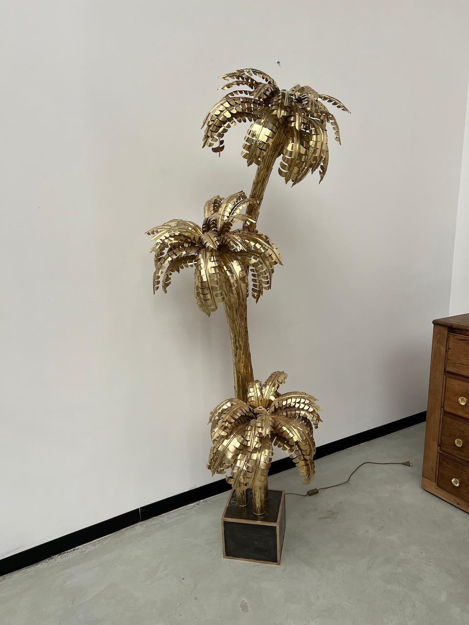 French Large brass palm tree floor lamp with 3 trunks, DLG Maison Jansen For Sale