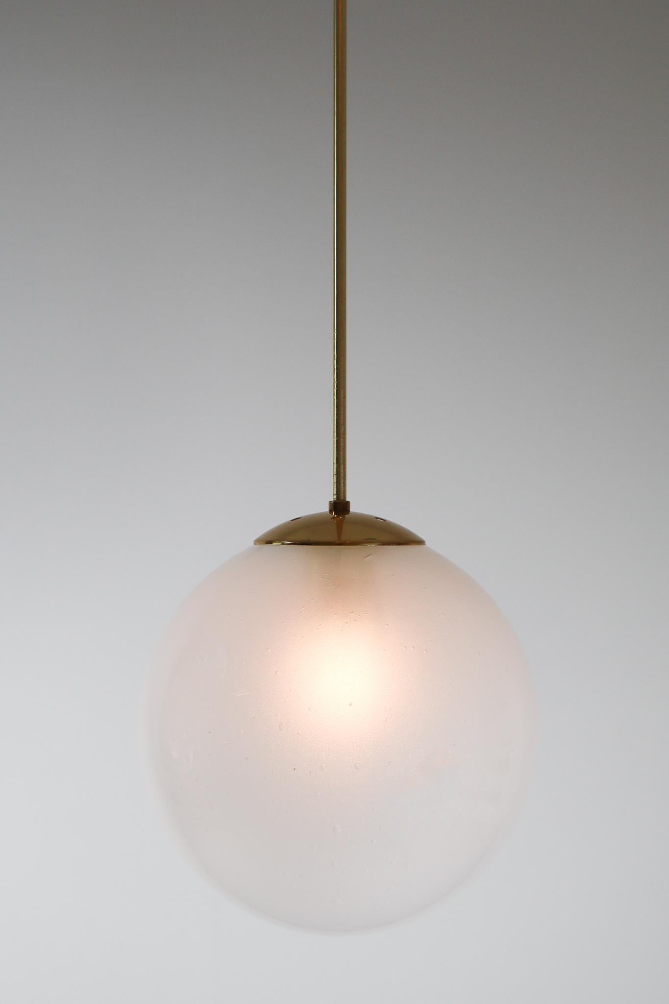 Czech Large Brass Pendant with a Pearl-White Hand Blown Globe by Preciosa, 1970s For Sale