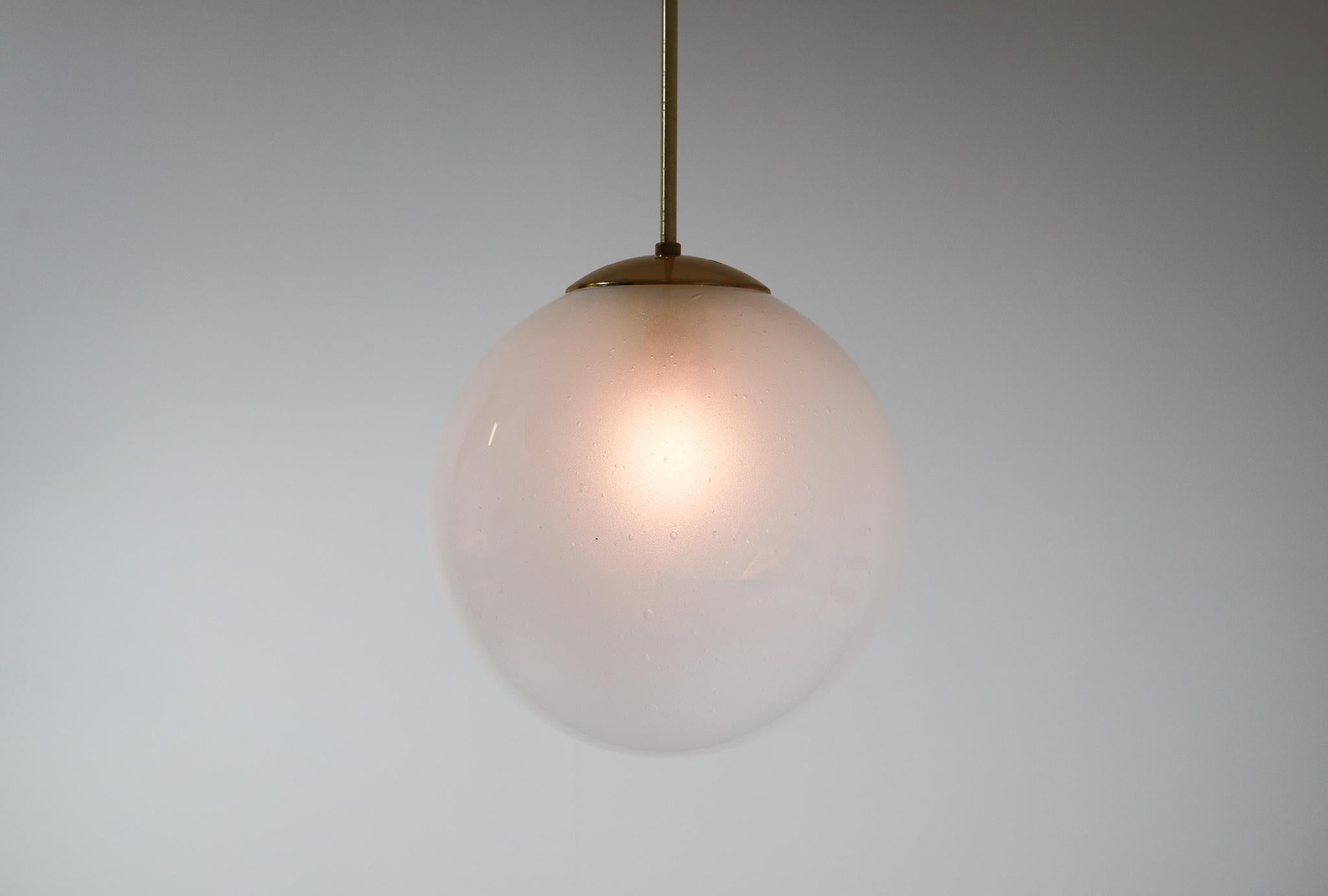 Late 20th Century Large Brass Pendant with a Pearl-White Hand Blown Globe by Preciosa, 1970s For Sale