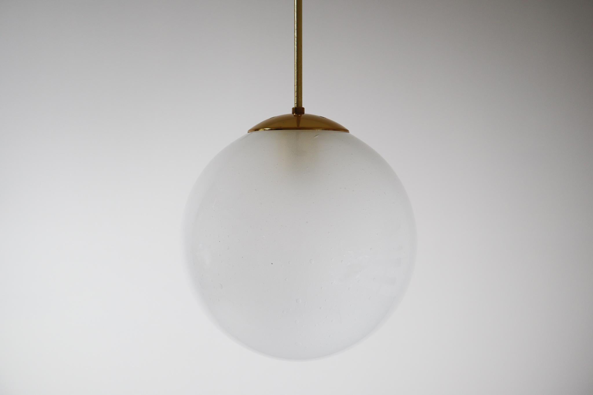 Large Brass Pendant with a Pearl-White Hand Blown Globe by Preciosa, 1970s For Sale 1