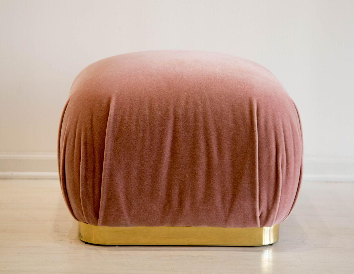 Large Brass Plinth Souffle Ottoman in Dusty Rose Mohair In Good Condition In Chicago, IL